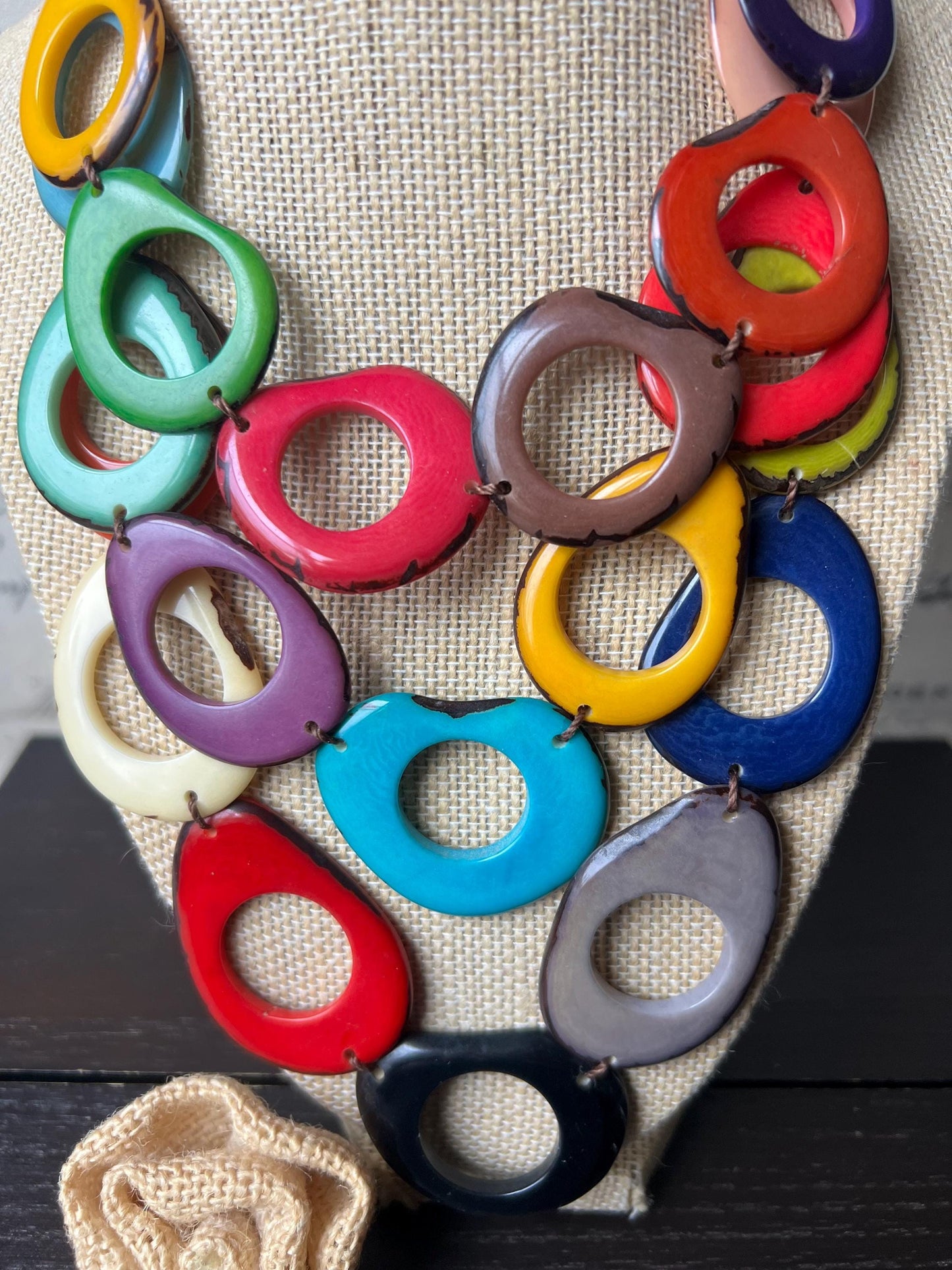 Multi color beaded Necklace Rainbow statement adjustable bib Adjustable cord Triple strand Holidays fashion trends Wearable art