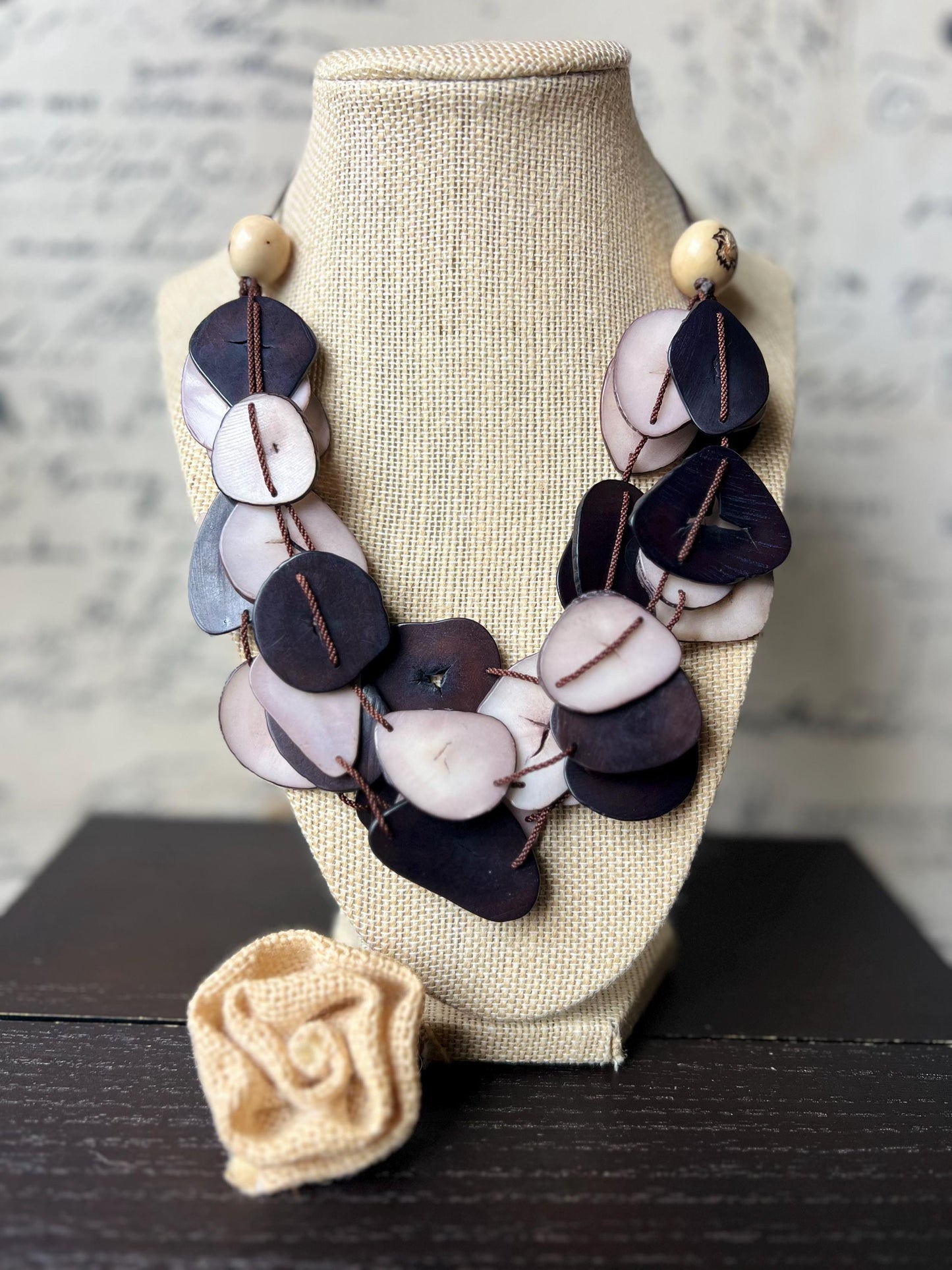 Brown and light mauve multi layer necklace Tagua jewelry Big bold necklaces Adjustable cord Triple strand statement necklace