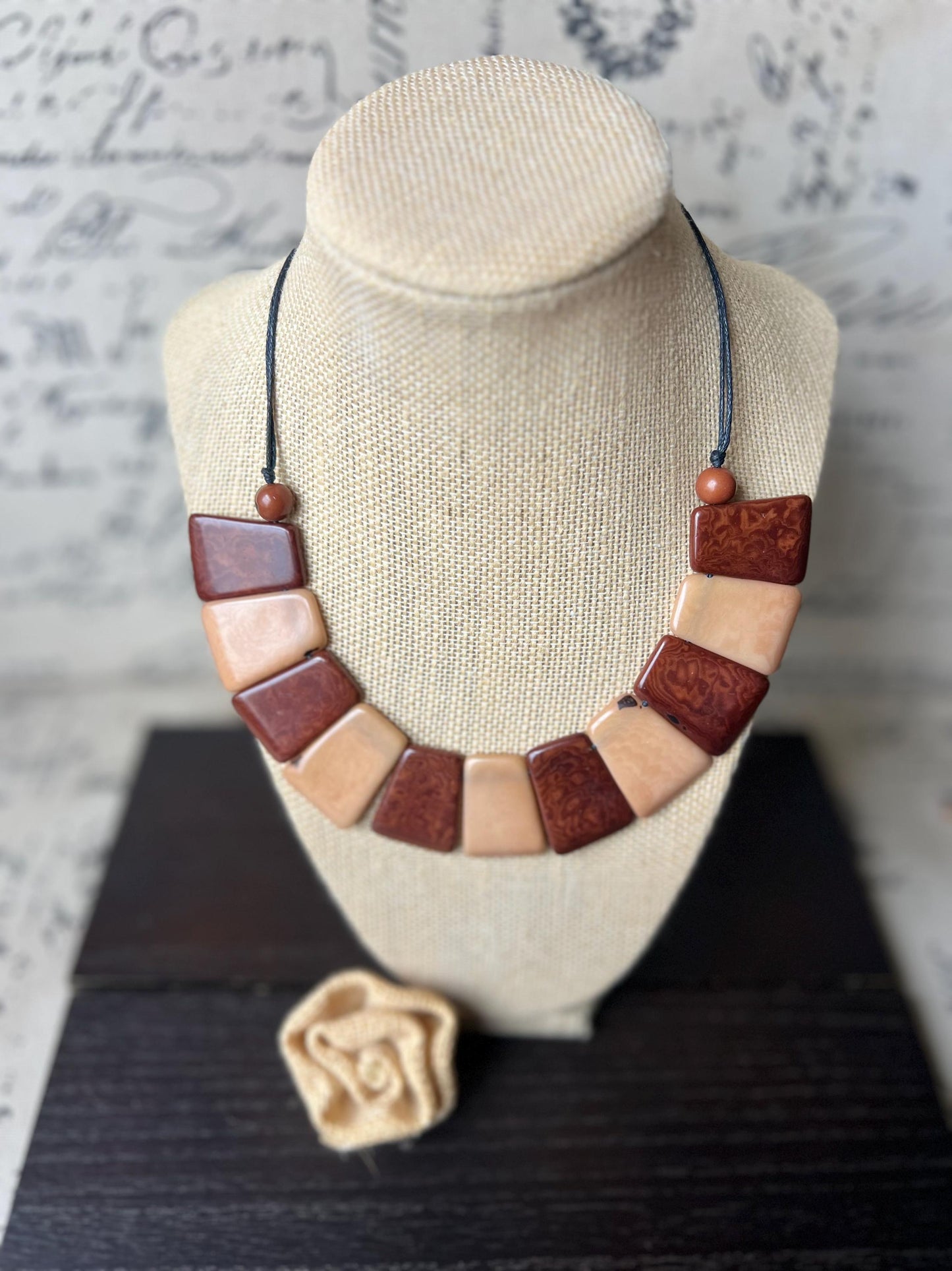 Beige and brown tagua necklace Adjustable cord Statement bib collar Artisan handmade Christmas gifts