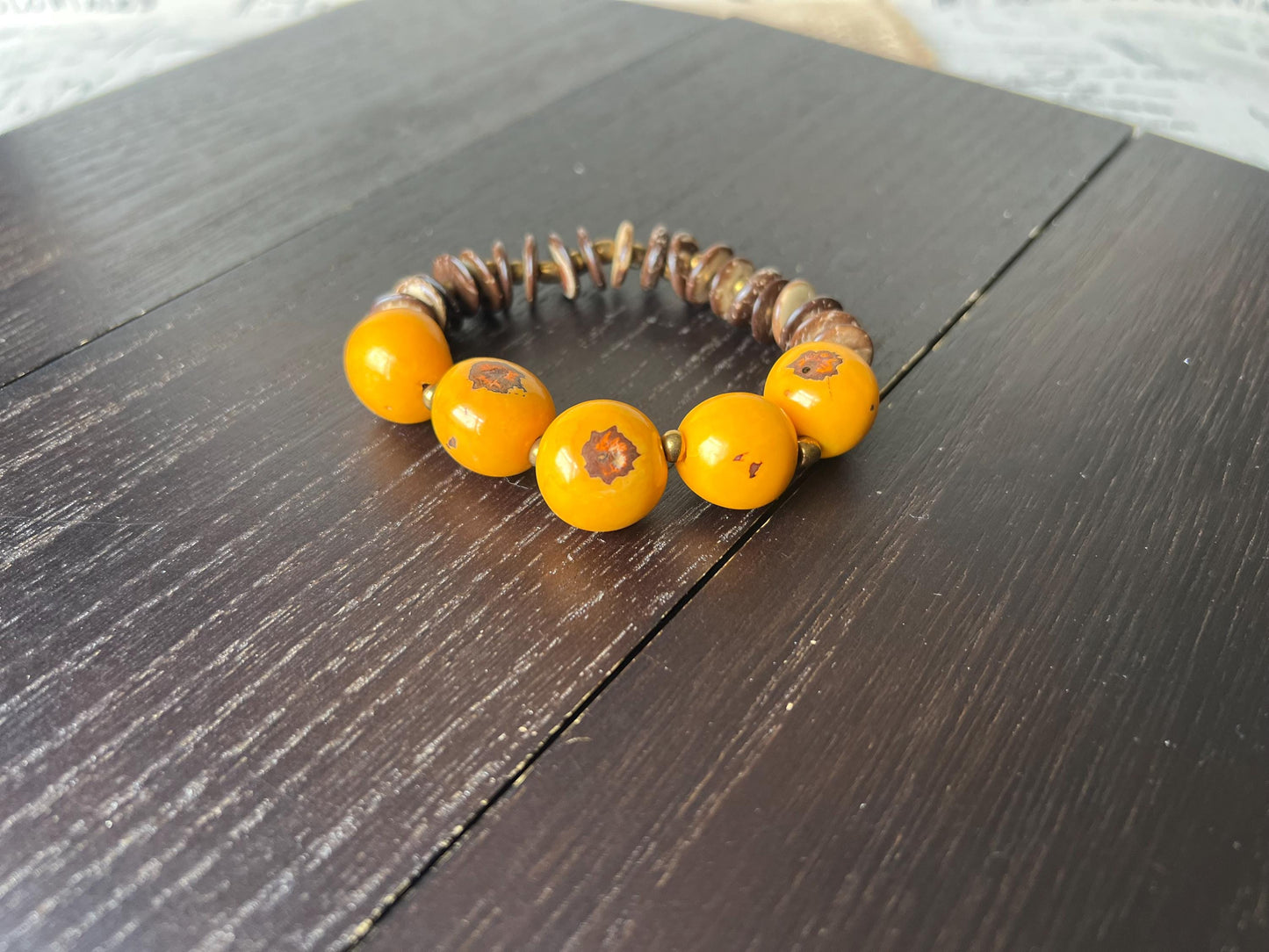 Yellow beaded bracelet Tagua and coconut jewelry Artsy gifts Fun unusual bracelet Art to wear Elastic stretch bangle