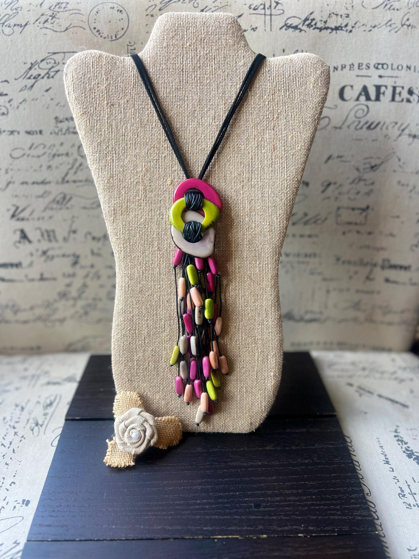 Tagua Nut Pendant Necklace: Pink Gray Macrame Fringe, Adjustable cord, Lightweight jewelry