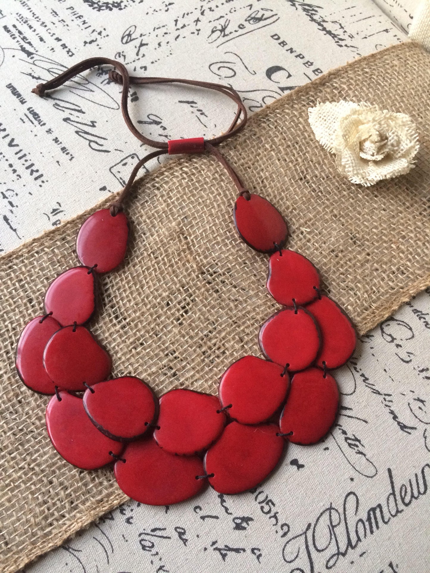 Red Tagua necklace Big bold chunky necklace statement Summer fashion style Anniversary gift for wife Double layer bib Two 2 strand collar