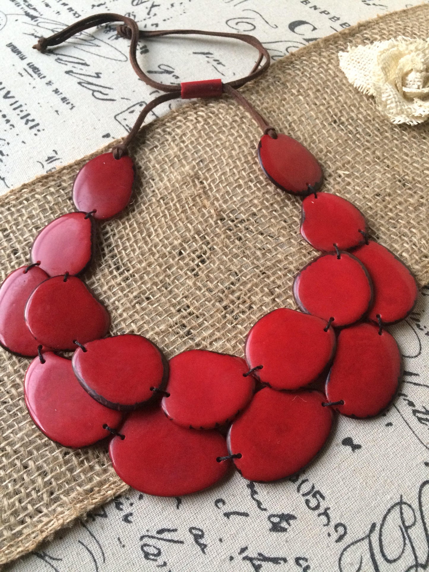 Red Tagua necklace Big bold chunky necklace statement Summer fashion style Anniversary gift for wife Double layer bib Two 2 strand collar