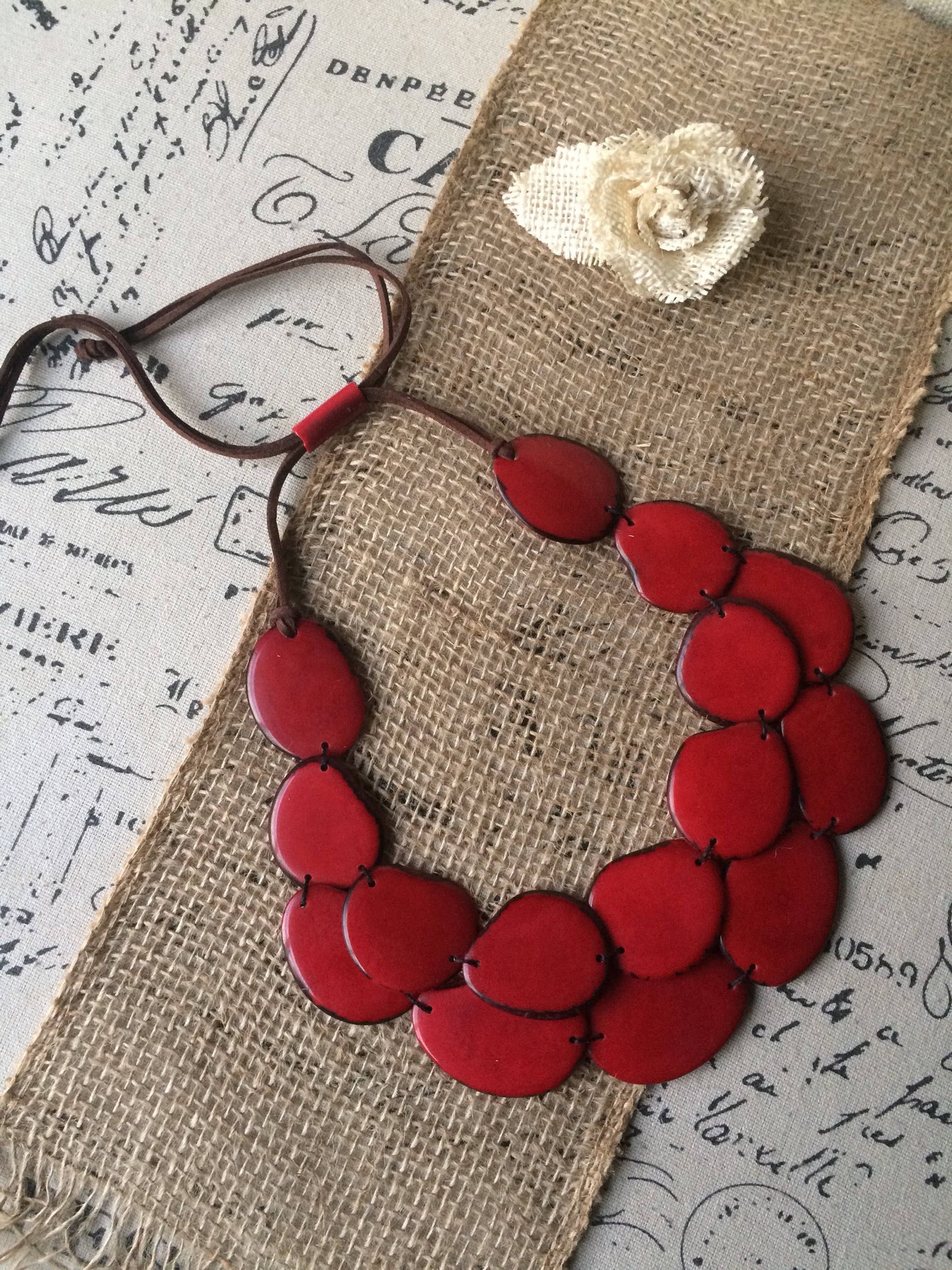 Red Tagua necklace Big bold chunky necklace statement Summer fashion style Anniversary gift for wife Double layer bib Two 2 strand collar