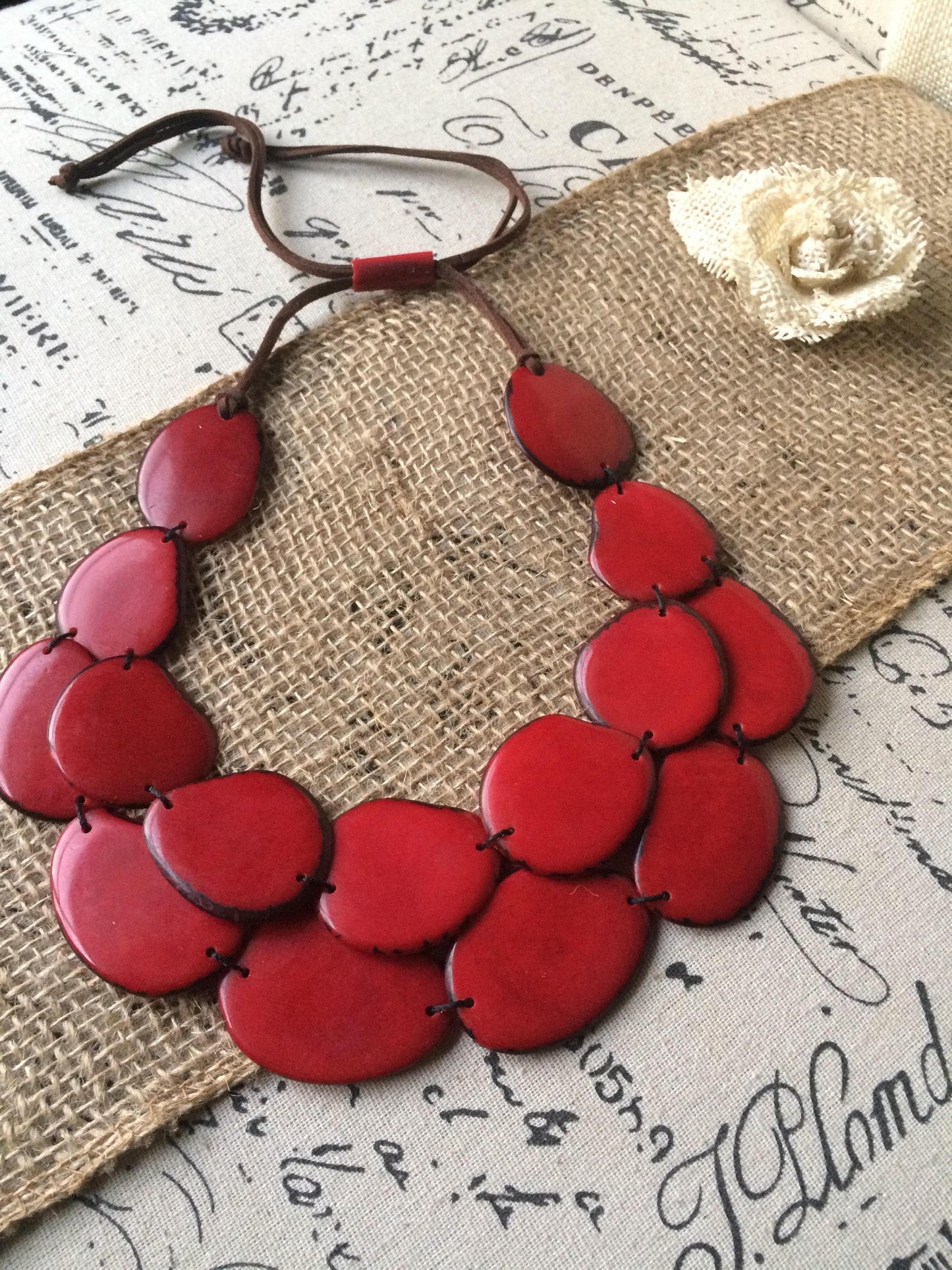 Red Tagua necklace Big bold chunky necklace statement Summer fashion style Anniversary gift for wife Double layer bib Two 2 strand collar
