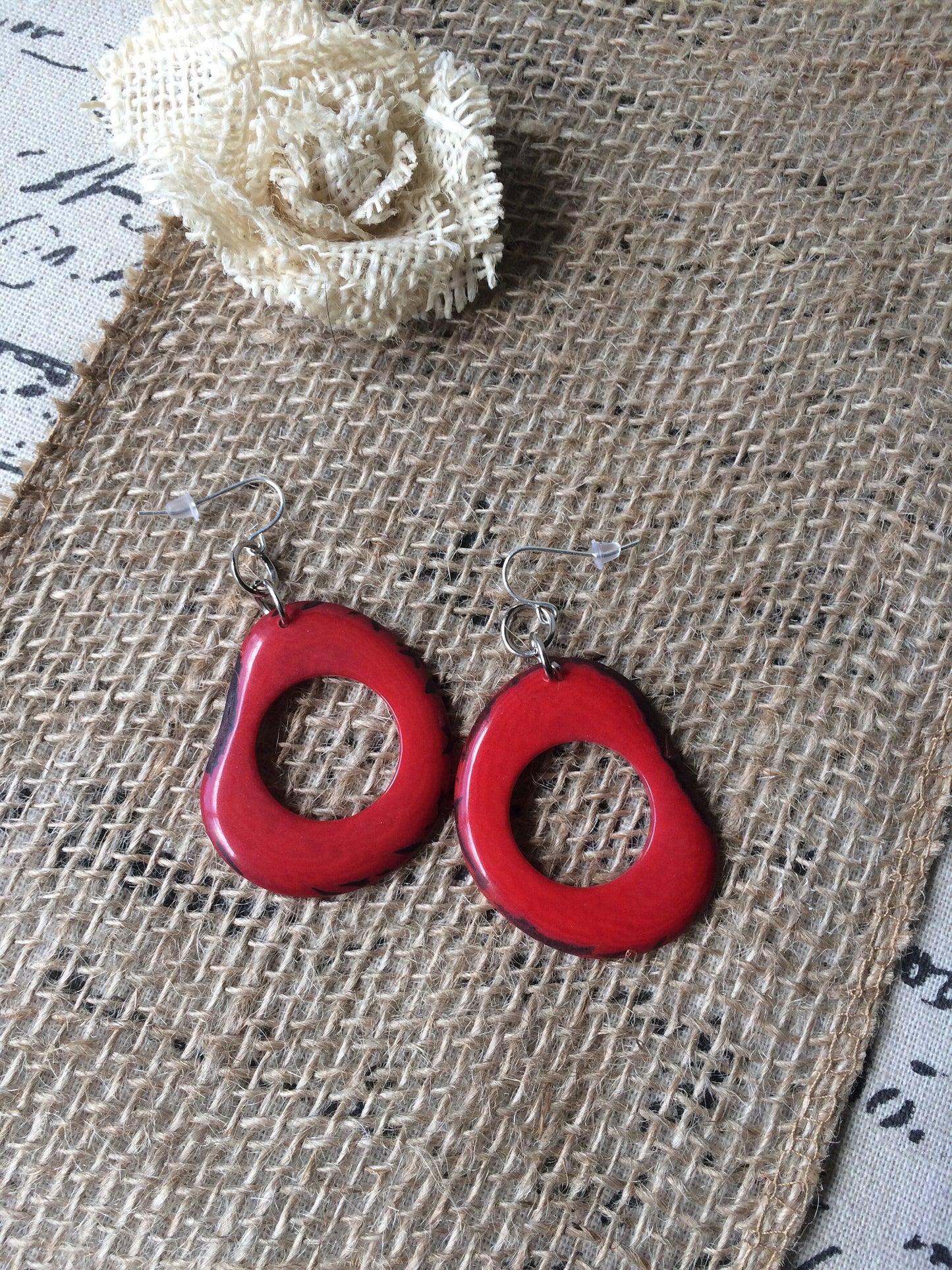 Tagua earrings Big red earrings Statement hoops Beaded handmade Artisan handmade beads Mod dangles Fall fashion Christmas Stocking stuffers