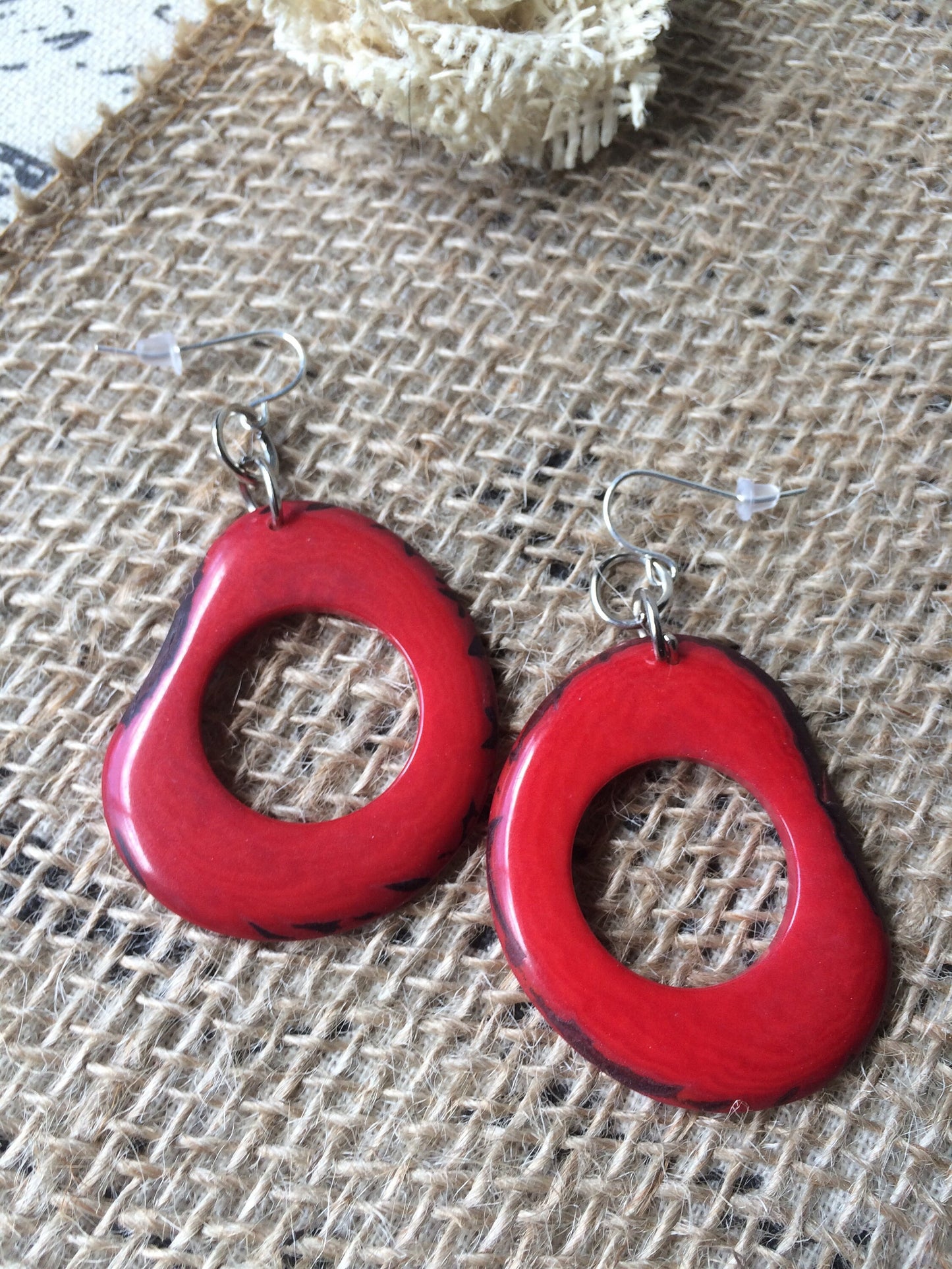 Tagua earrings Big red earrings Statement hoops Beaded handmade Artisan handmade beads Mod dangles Fall fashion Christmas Stocking stuffers