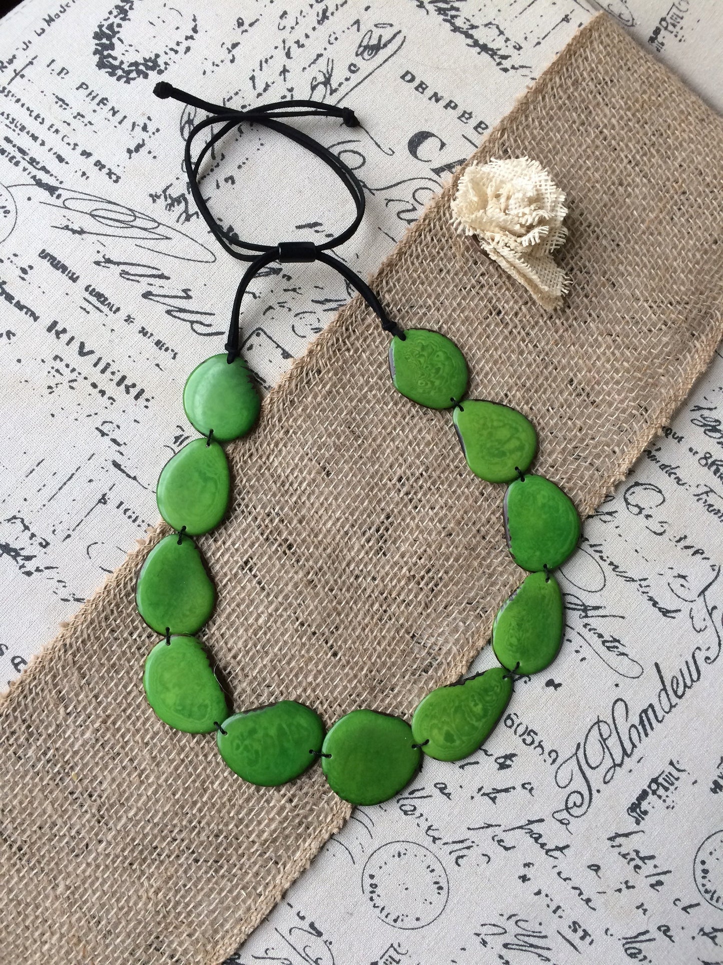 Green Emerald necklace Tagua nut jewelry Long bib collar with adjustable leather straps Single layer beaded necklace Spring fashion trends