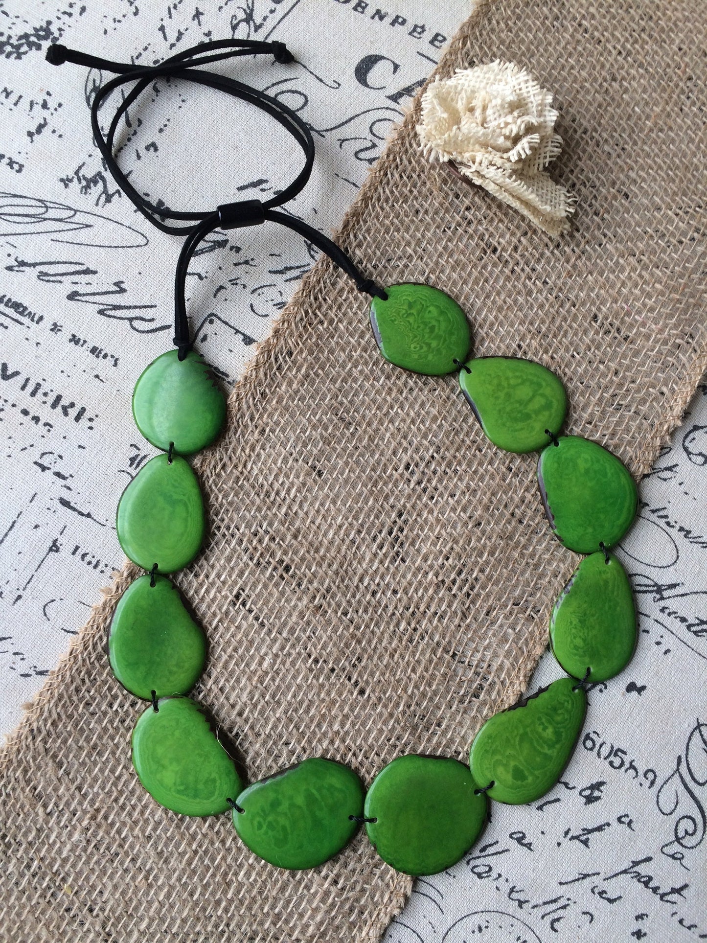 Green Emerald necklace Tagua nut jewelry Long bib collar with adjustable leather straps Single layer beaded necklace Spring fashion trends