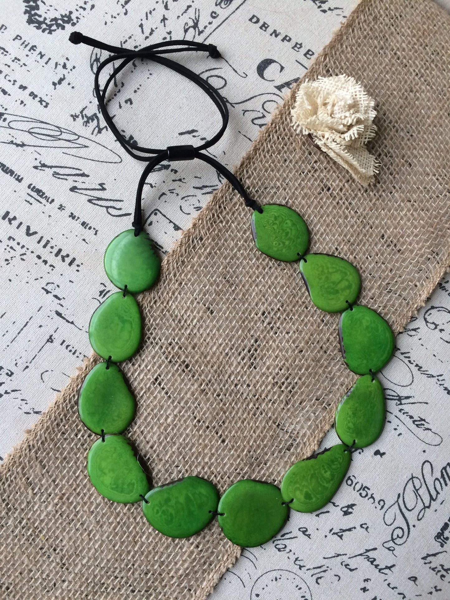Green Emerald necklace Tagua nut jewelry Long bib collar with adjustable leather straps Single layer beaded necklace Spring fashion trends