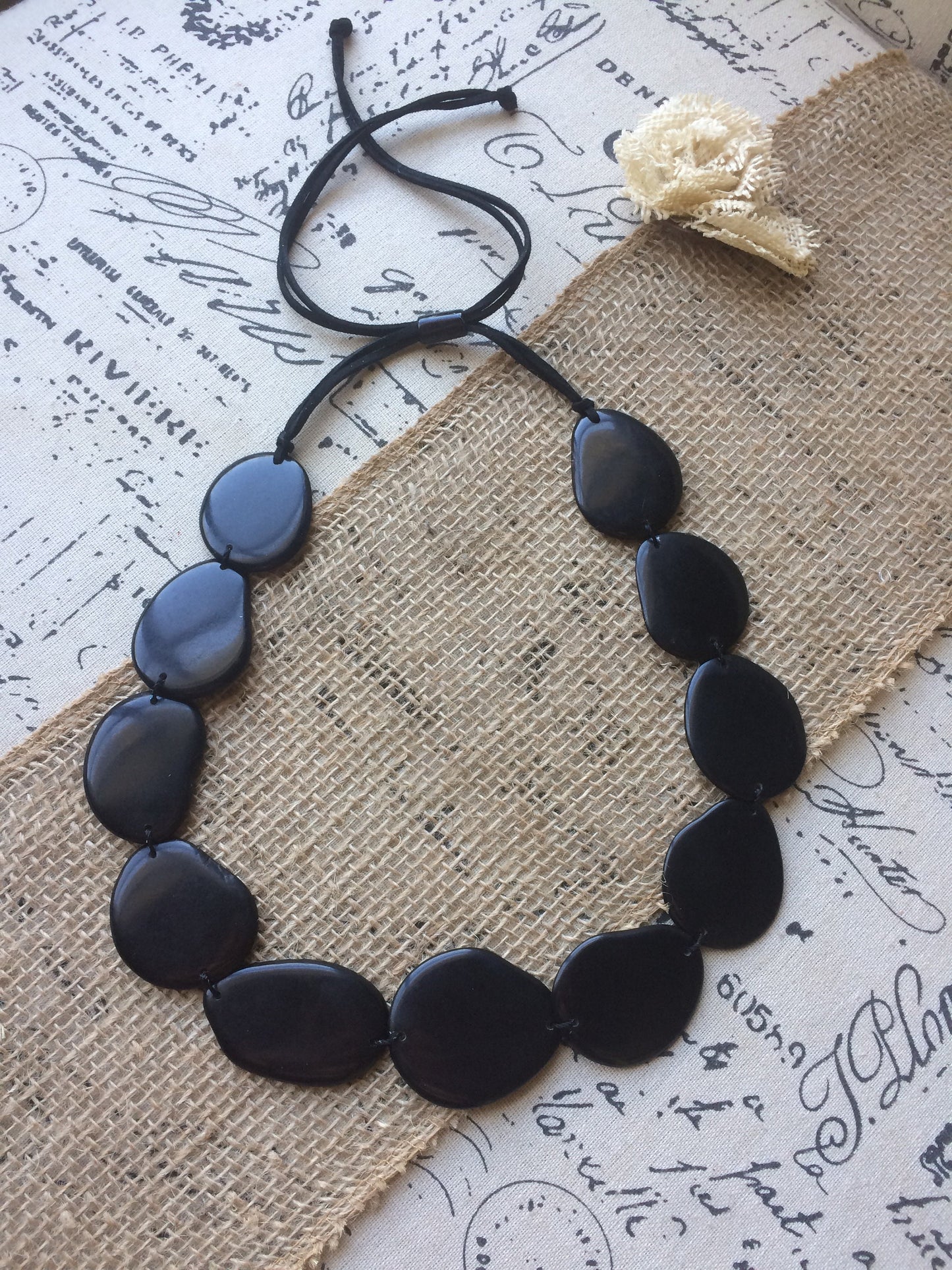 Black single strand statement necklace Tagua nut jewelry Big bold chunky necklace Handmade collar with adjustable leather strap Huge beads
