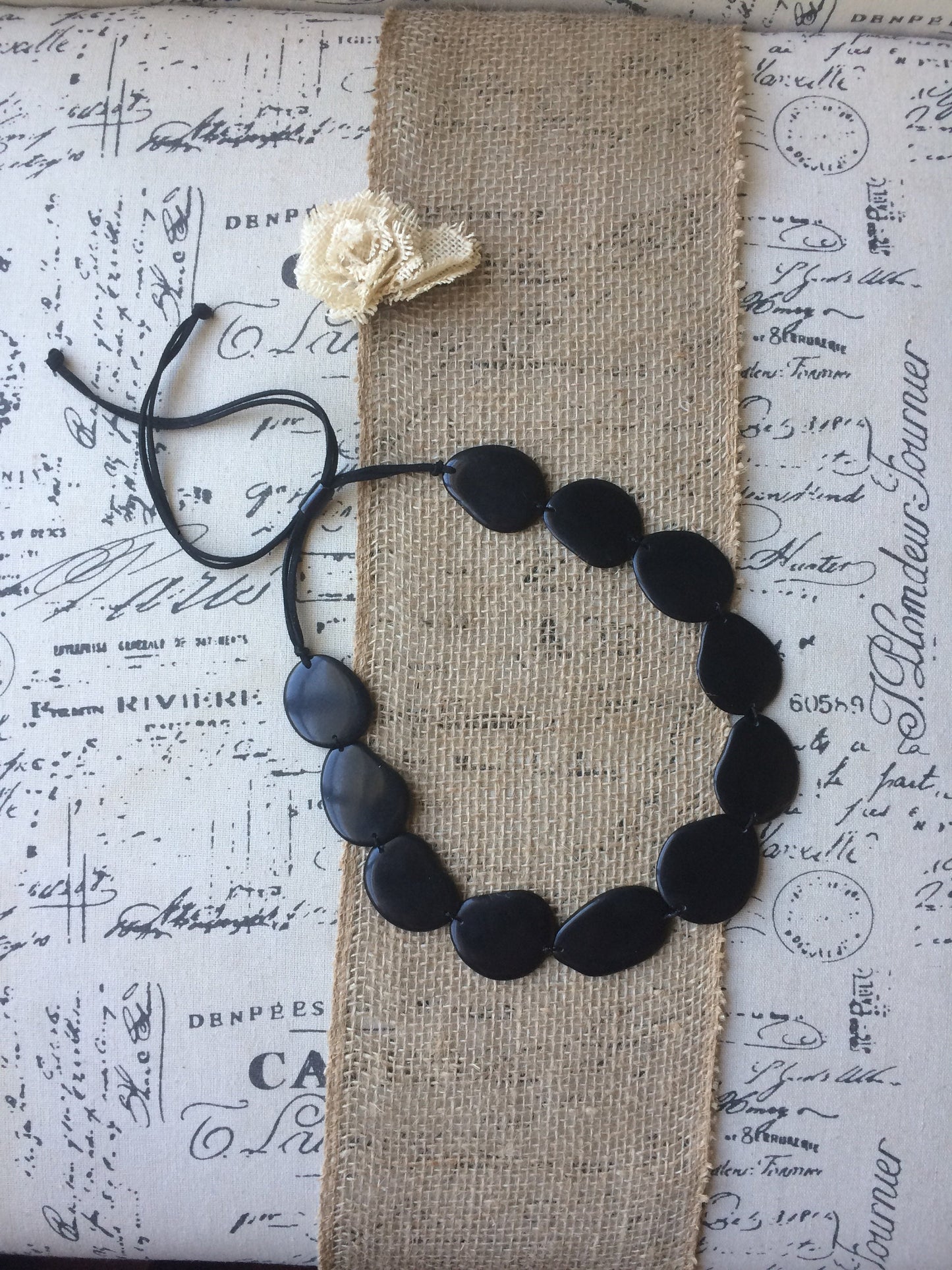 Black single strand statement necklace Tagua nut jewelry Big bold chunky necklace Handmade collar with adjustable leather strap Huge beads