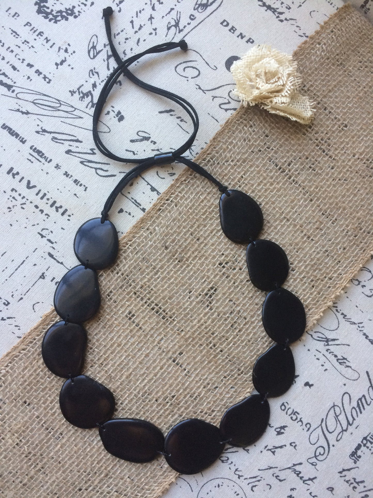 Black single strand statement necklace Tagua nut jewelry Big bold chunky necklace Handmade collar with adjustable leather strap Huge beads