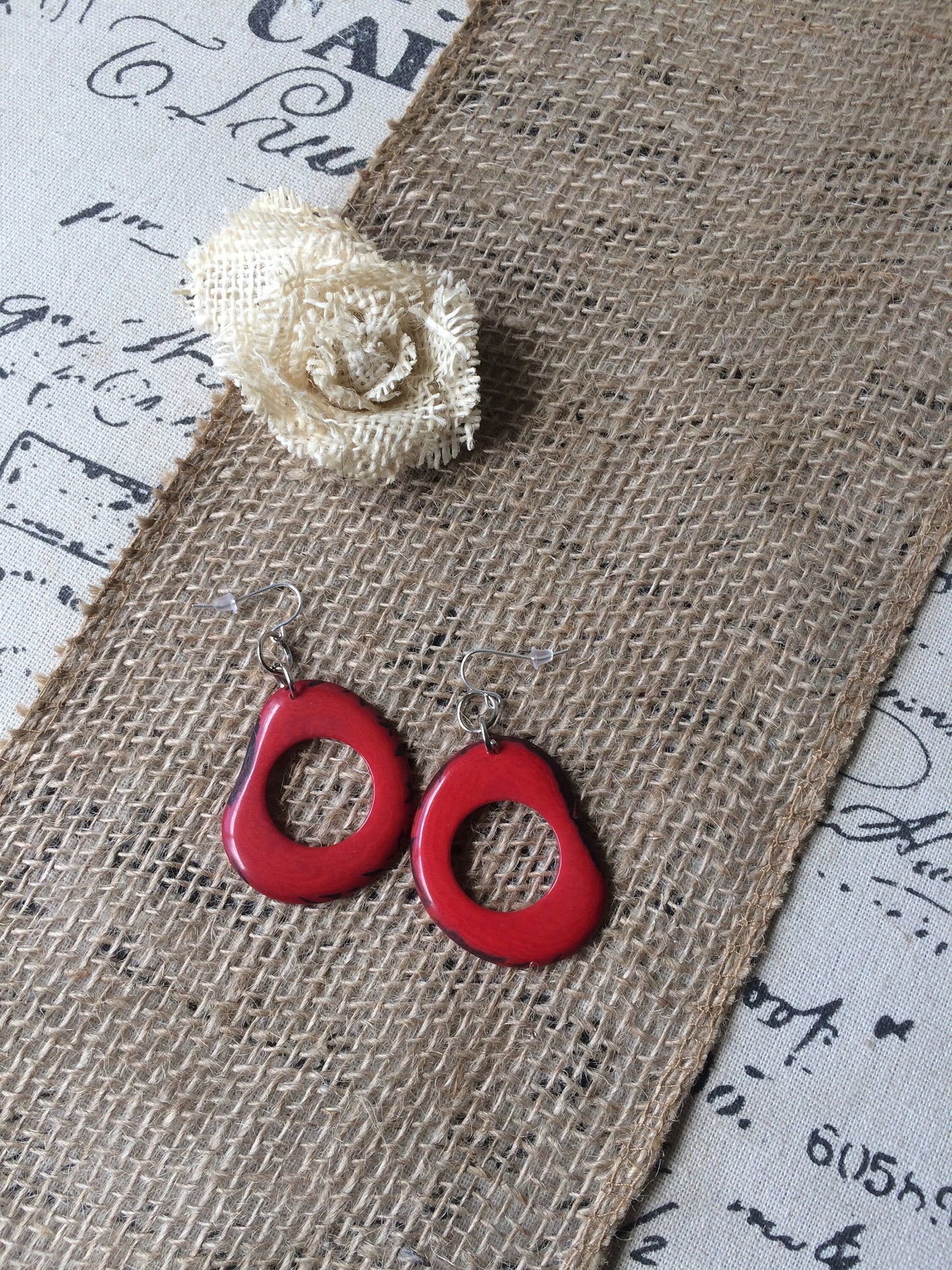 Tagua earrings Big red earrings Statement hoops Beaded handmade Artisan handmade beads Mod dangles Fall fashion Christmas Stocking stuffers