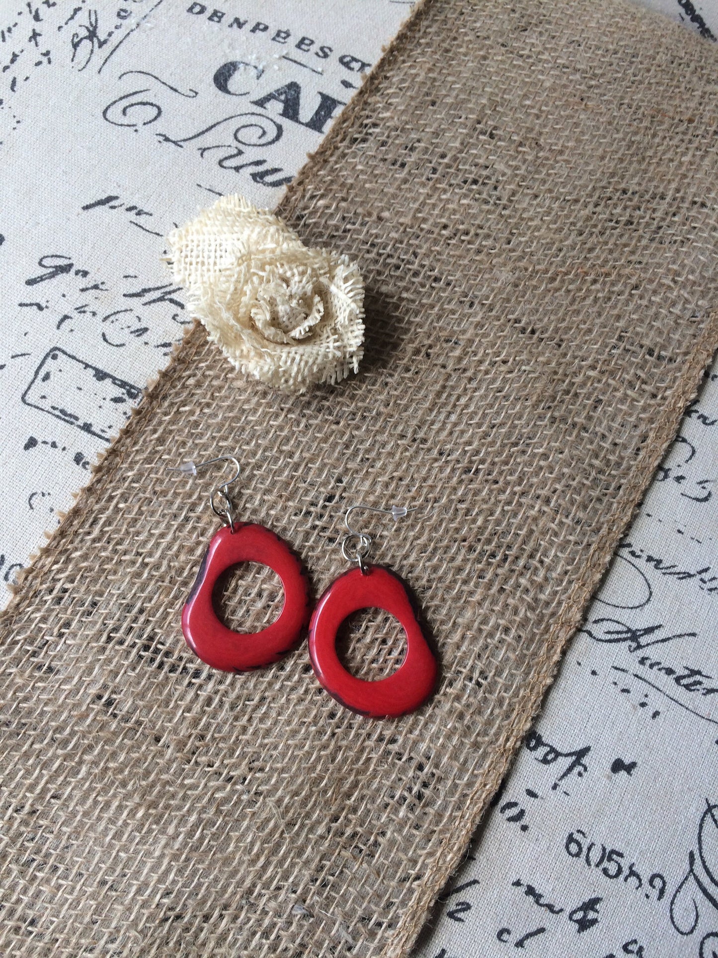 Tagua earrings Big red earrings Statement hoops Beaded handmade Artisan handmade beads Mod dangles Fall fashion Christmas Stocking stuffers