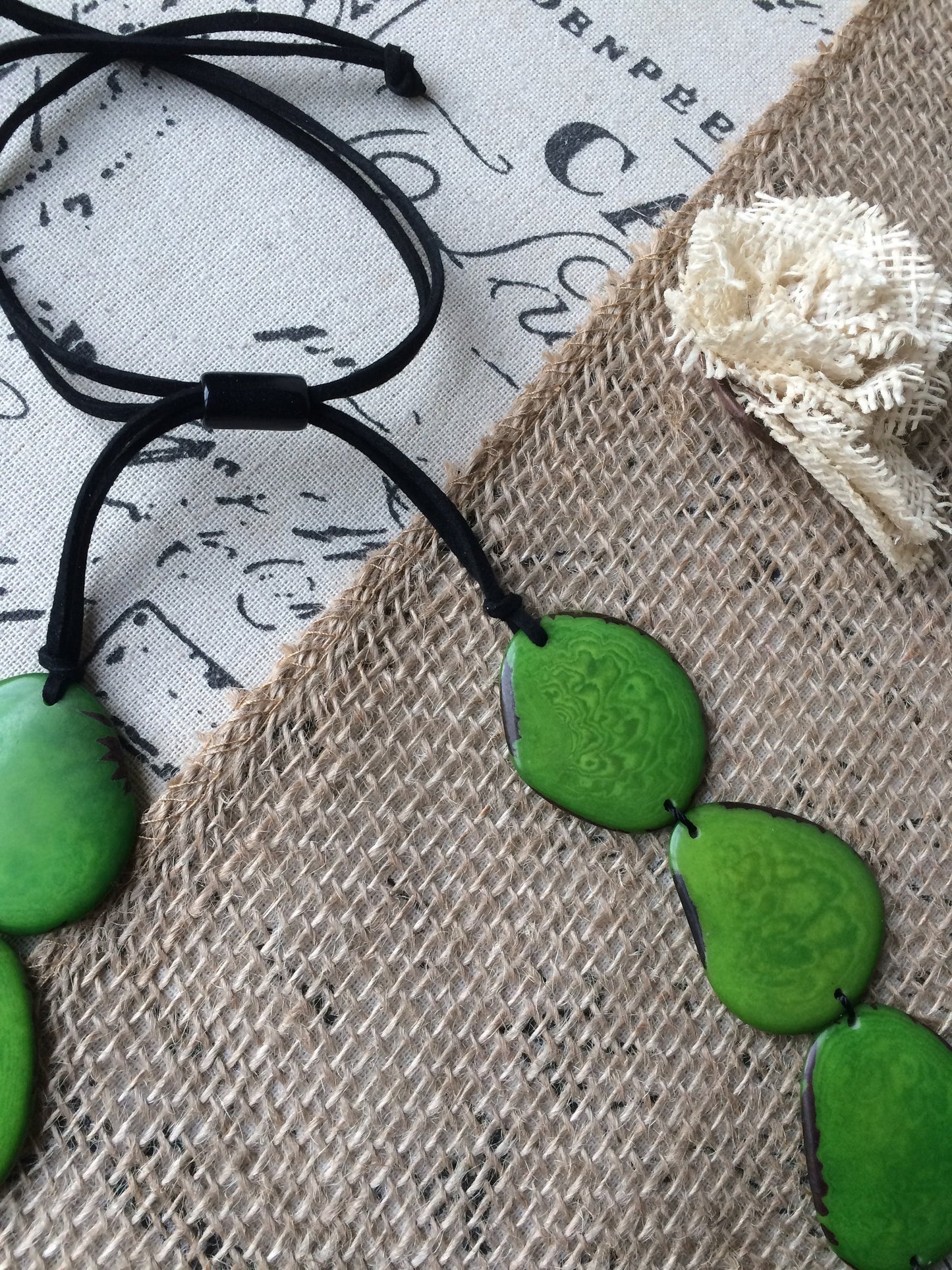 Green Emerald necklace Tagua nut jewelry Long bib collar with adjustable leather straps Single layer beaded necklace Spring fashion trends