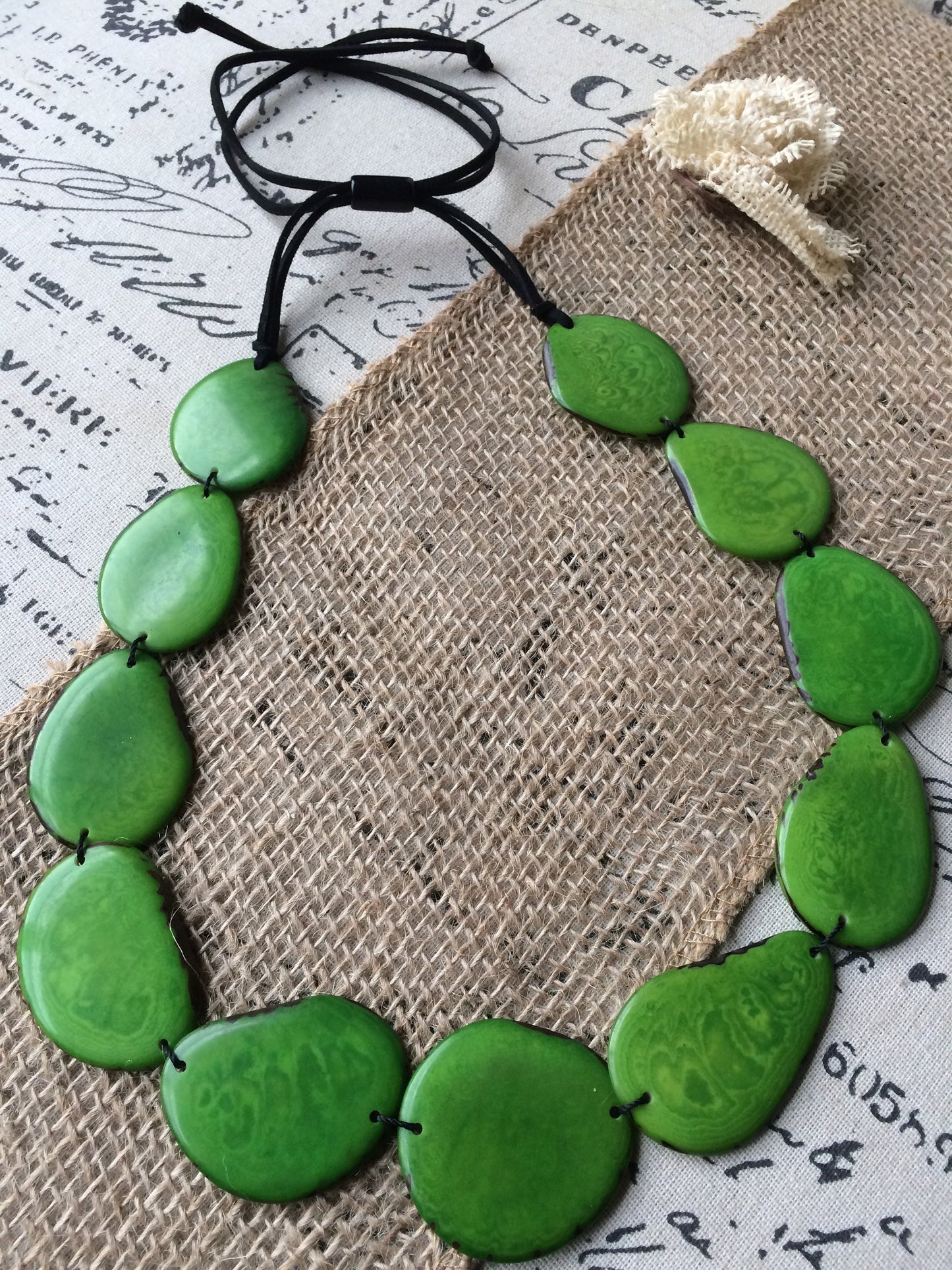 Green Emerald necklace Tagua nut jewelry Long bib collar with adjustable leather straps Single layer beaded necklace Spring fashion trends