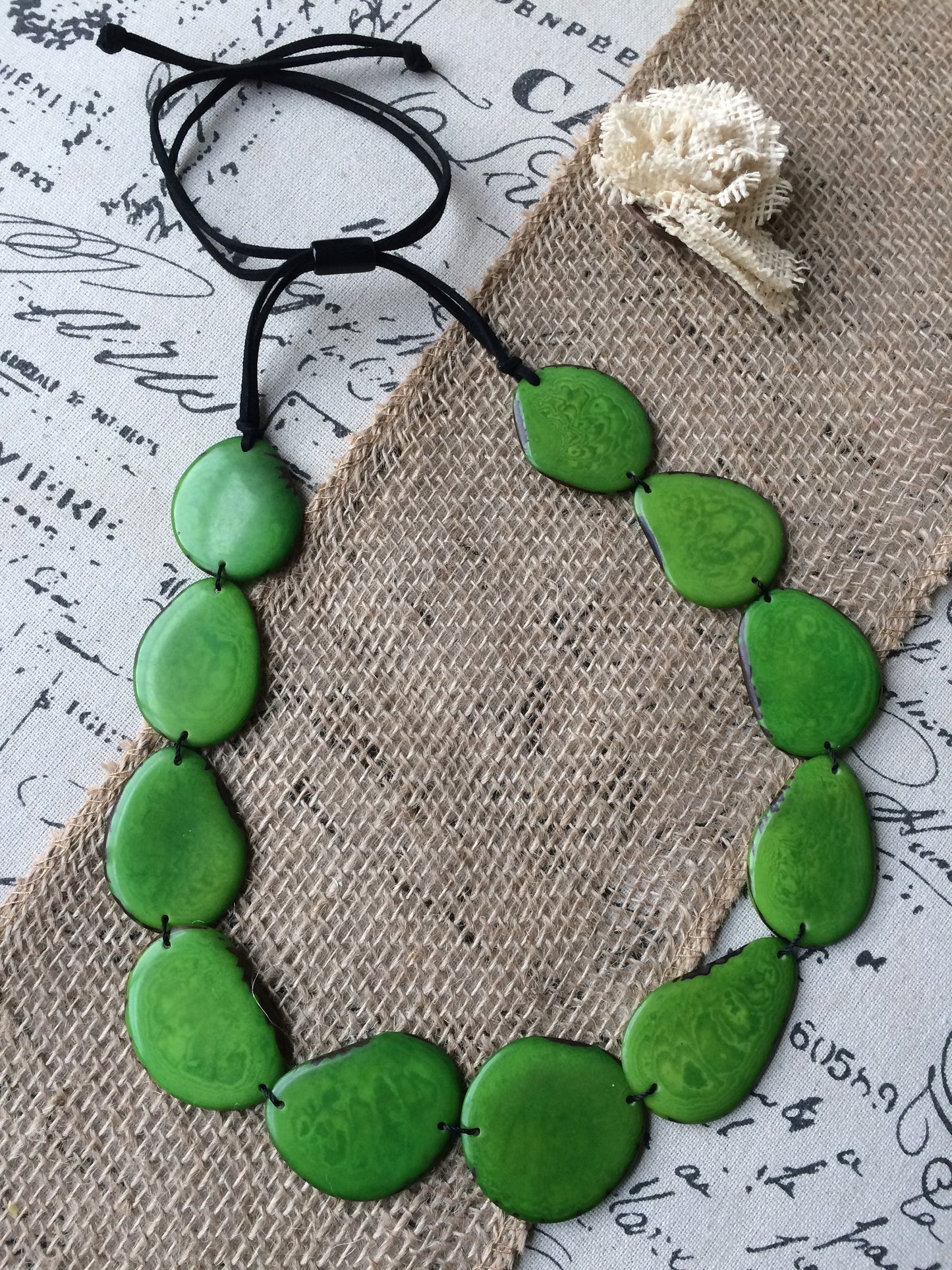 Green Emerald necklace Tagua nut jewelry Long bib collar with adjustable leather straps Single layer beaded necklace Spring fashion trends