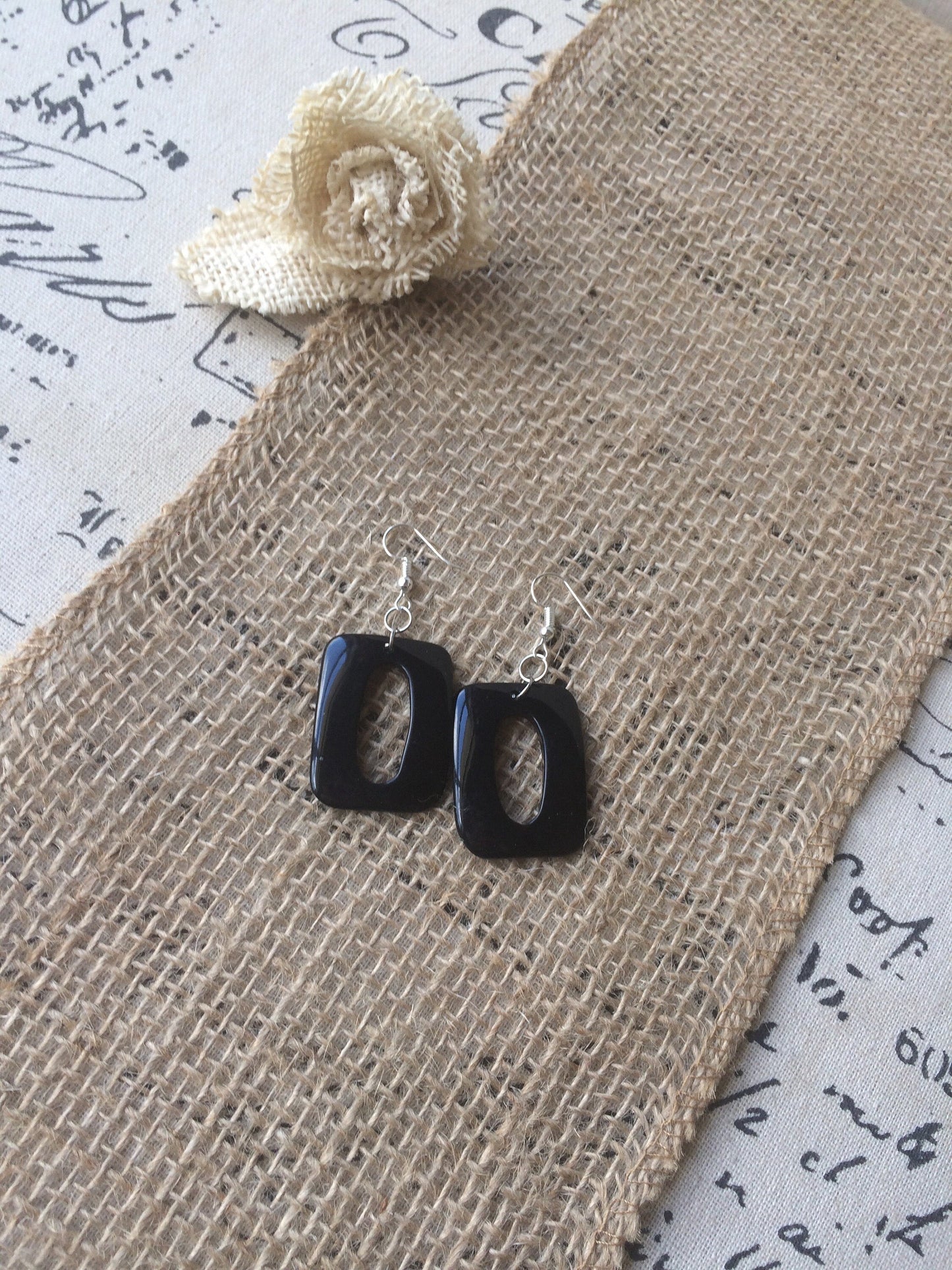 Black geometric earrings Long dangles Tagua nut jewelry Mod boho earrings Rectangle jewelry Statement jewellery Spring fashion trends