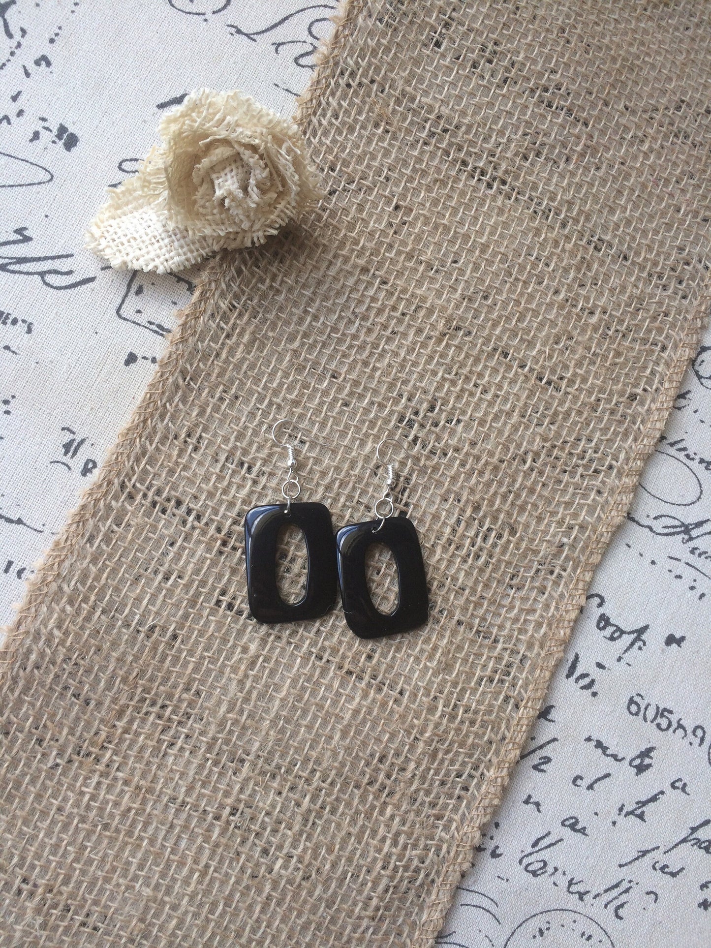 Black geometric earrings Long dangles Tagua nut jewelry Mod boho earrings Rectangle jewelry Statement jewellery Spring fashion trends