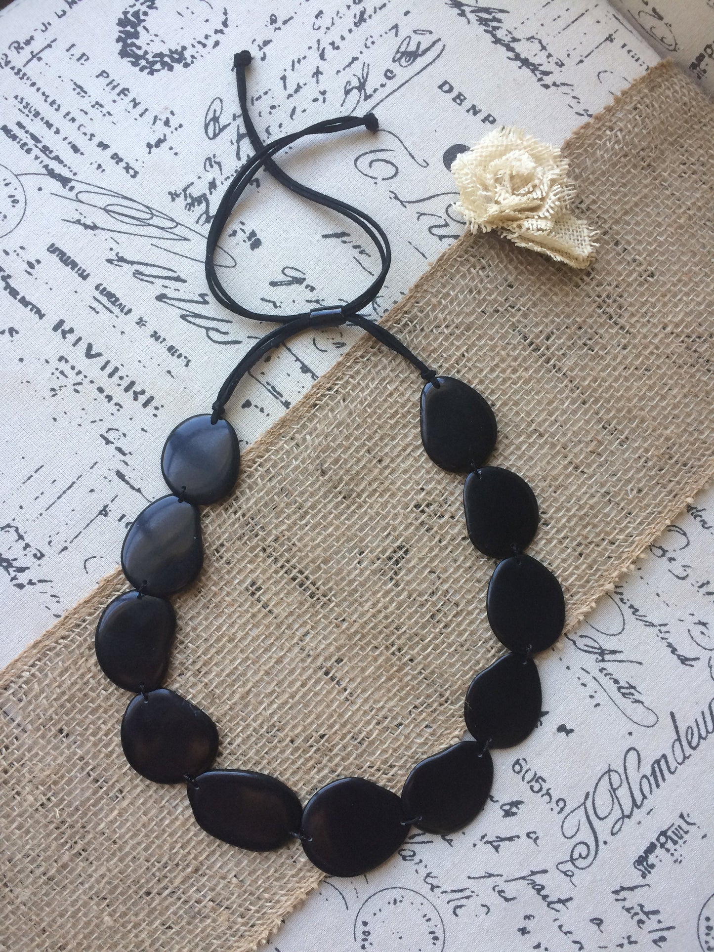 Black single strand statement necklace Tagua nut jewelry Big bold chunky necklace Handmade collar with adjustable leather strap Huge beads