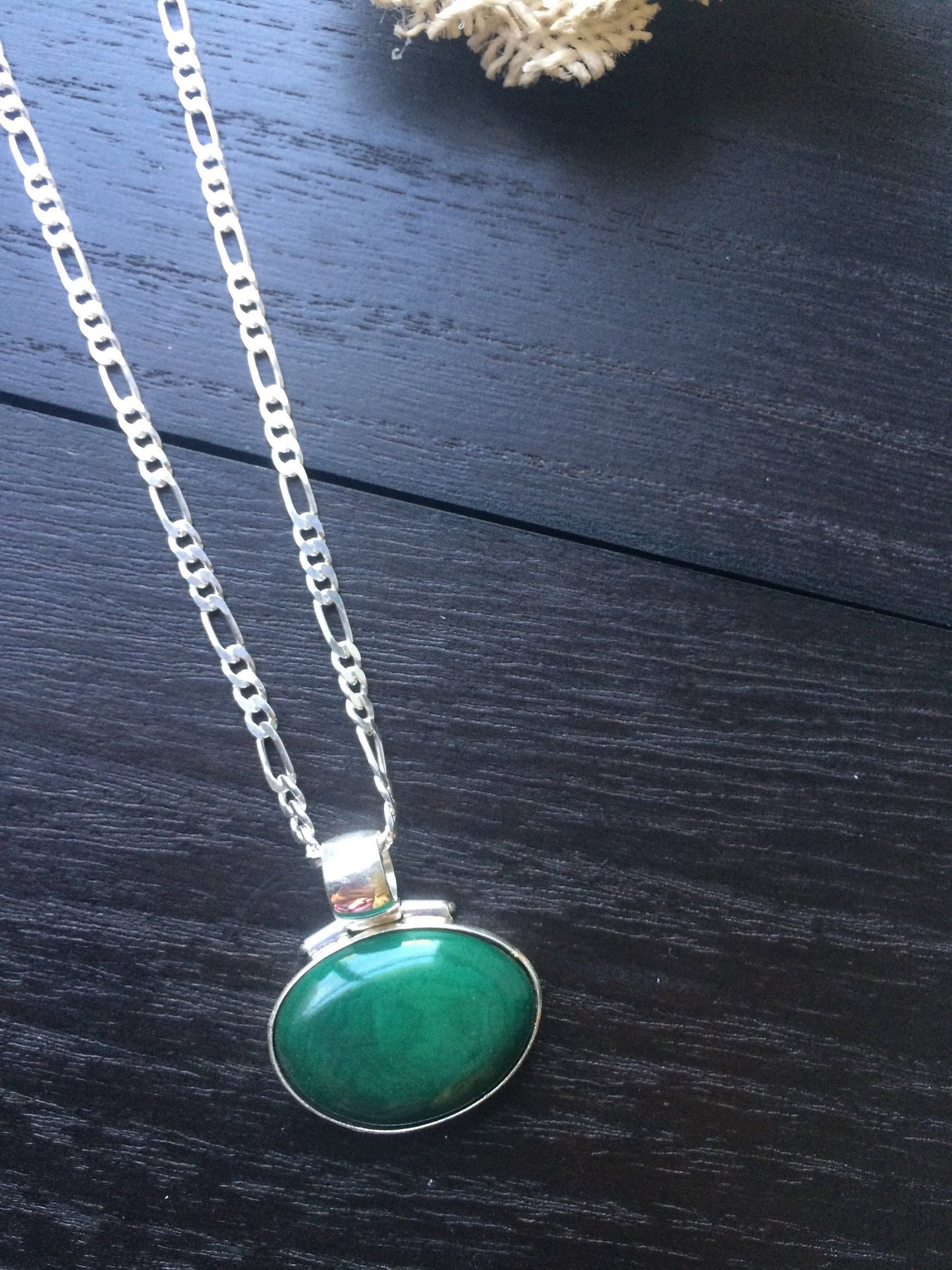925 Sterling Silver Pendant with Green Tagua in Figaro chain Oval Cabochon Statement fine jewelry Dainty necklace Anniversary gifts for wife