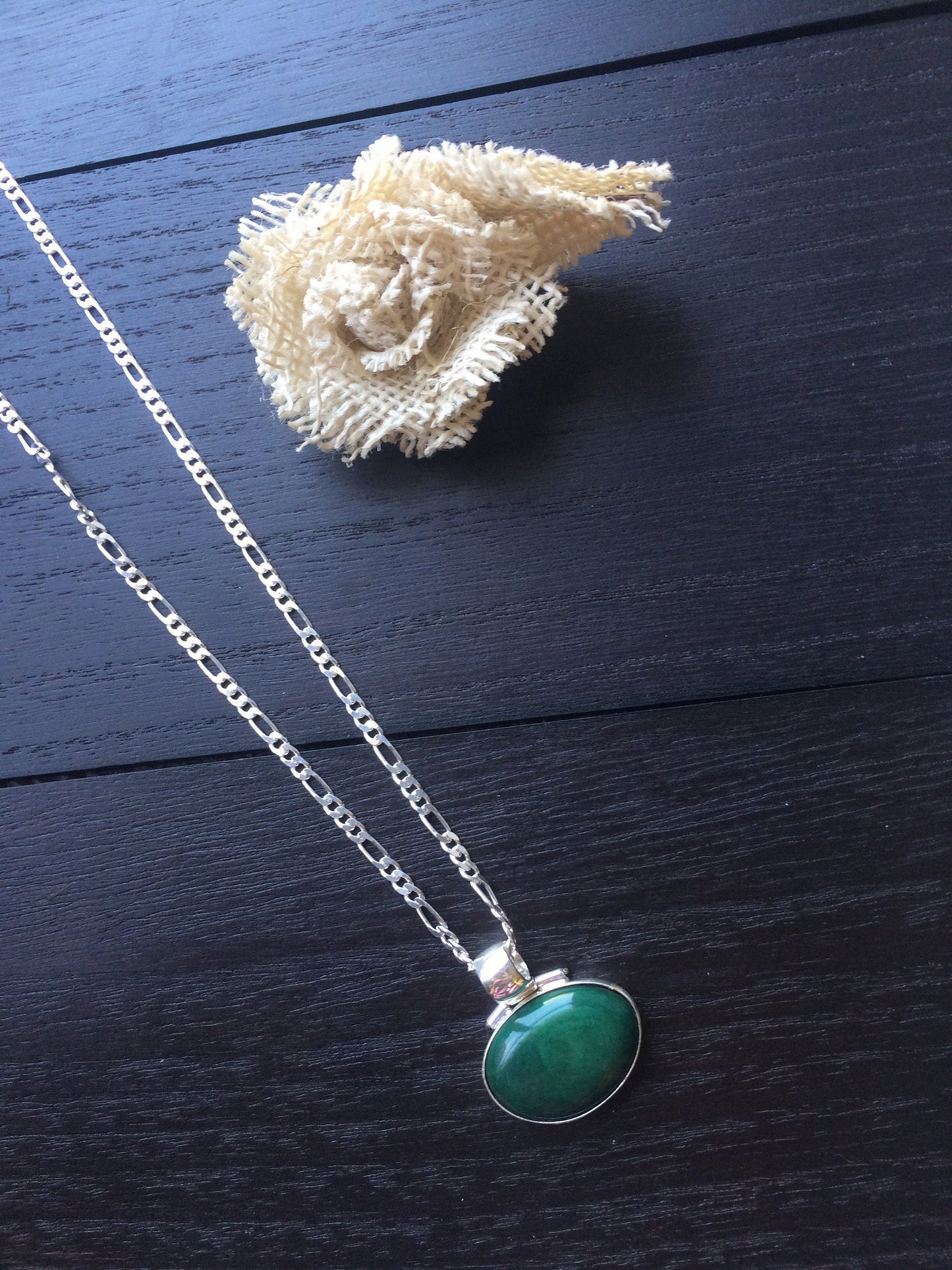 925 Sterling Silver Pendant with Green Tagua in Figaro chain Oval Cabochon Statement fine jewelry Dainty necklace Anniversary gifts for wife