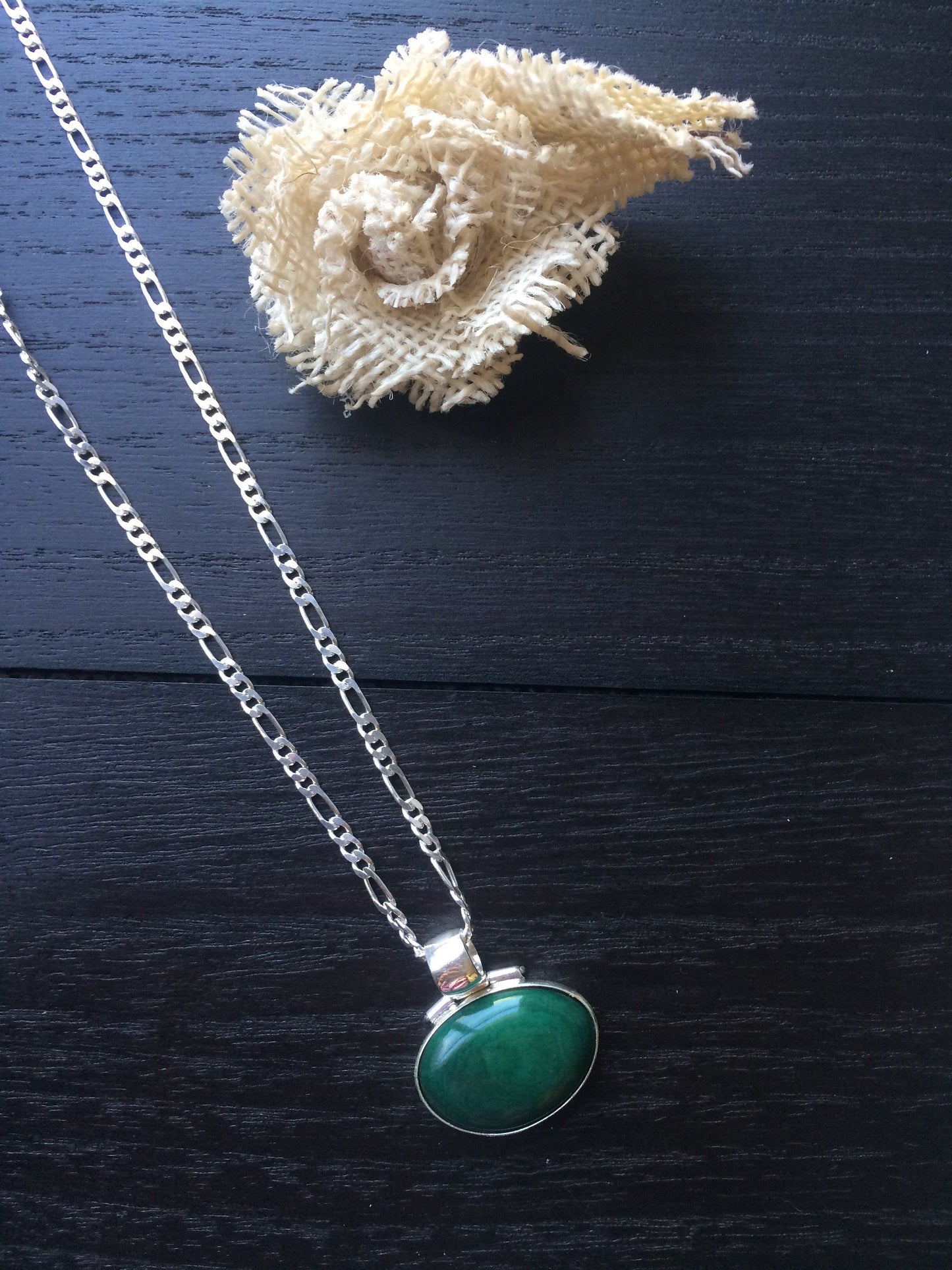 925 Sterling Silver Pendant with Green Tagua in Figaro chain Oval Cabochon Statement fine jewelry Dainty necklace Anniversary gifts for wife