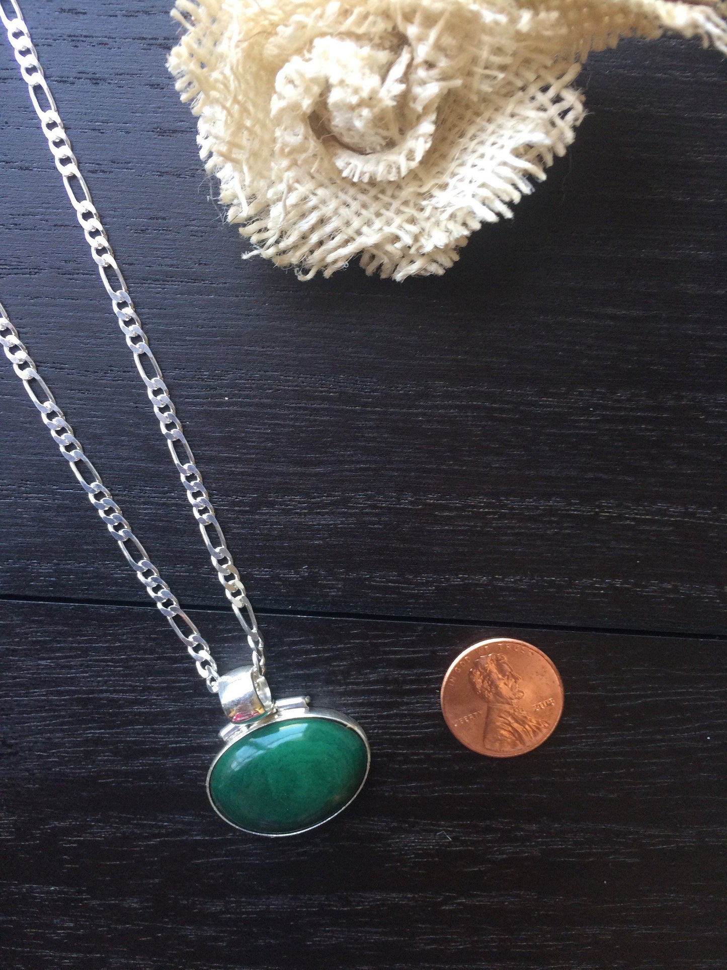 925 Sterling Silver Pendant with Green Tagua in Figaro chain Oval Cabochon Statement fine jewelry Dainty necklace Anniversary gifts for wife