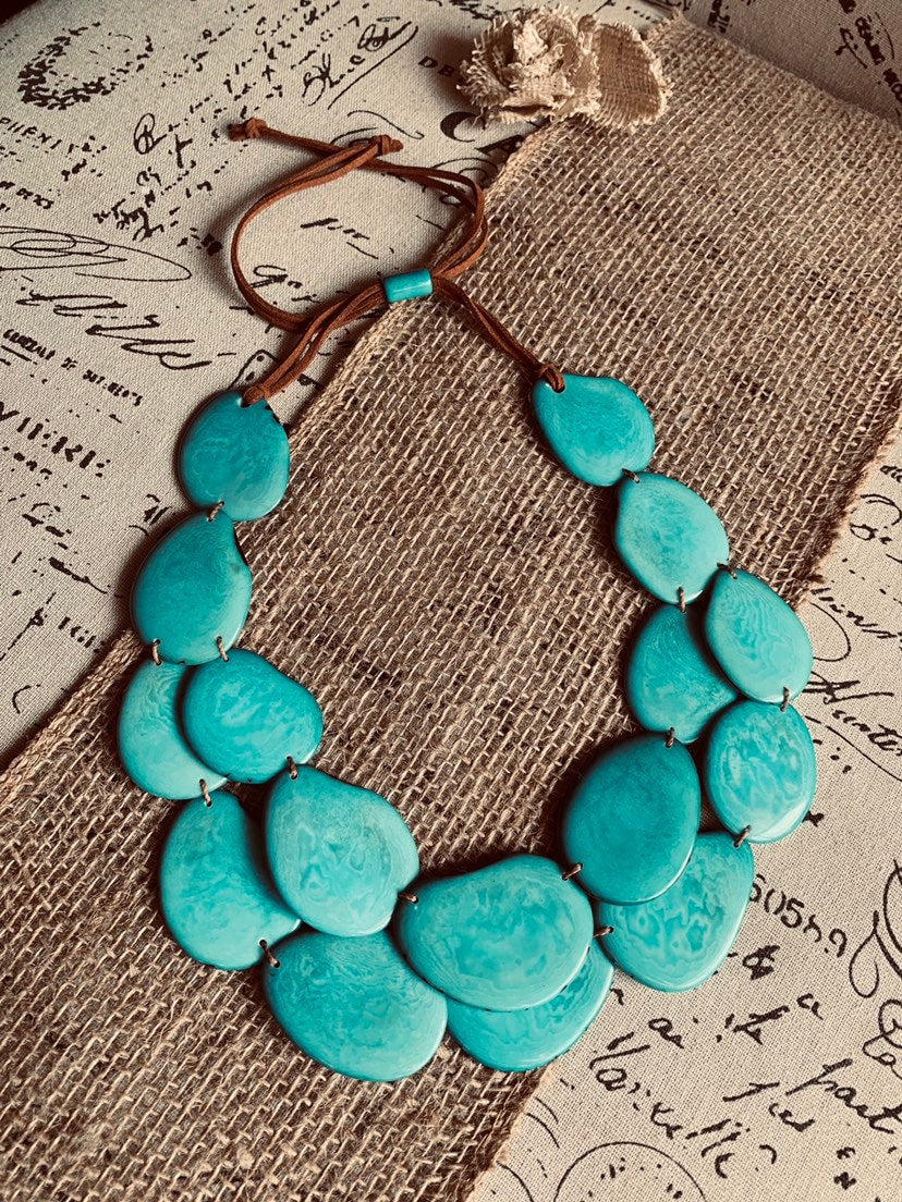 Turquoise statement necklace Tagua jewelry Big bold chunky necklace Fall fashion trends 2023 Double layer bib Anniversary gift 2 two Strand