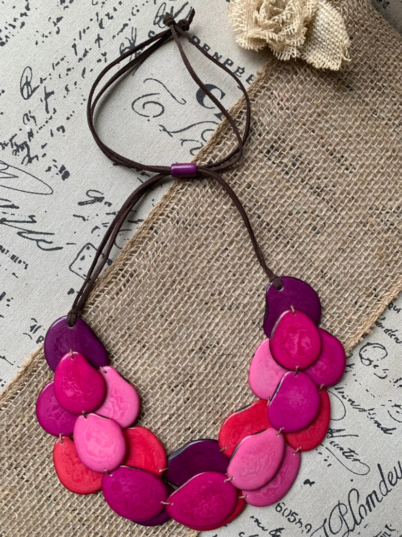 Tagua necklace Pink statement necklace Layered beaded necklace with leather strap Big bold chunky necklace Multi strand bib Holidays gifts