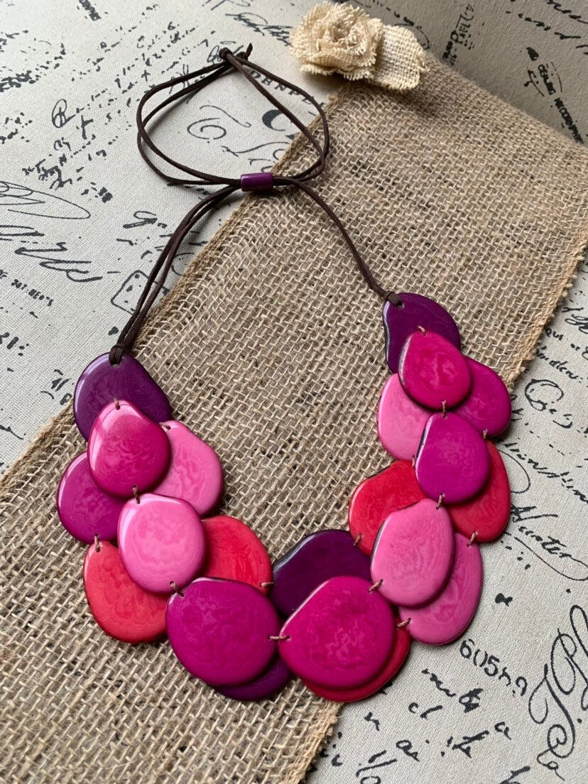 Tagua necklace Pink statement necklace Layered beaded necklace with leather strap Big bold chunky necklace Multi strand bib Holidays gifts