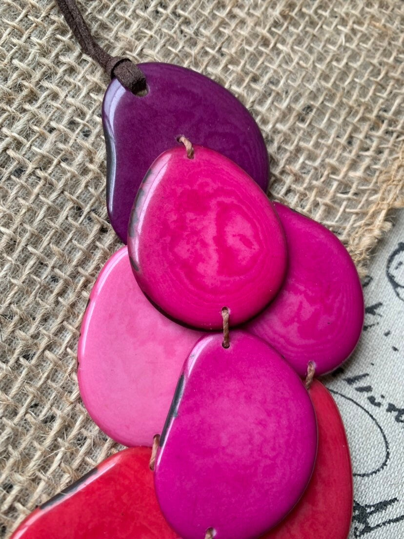Tagua necklace Pink statement necklace Layered beaded necklace with leather strap Big bold chunky necklace Multi strand bib Holidays gifts