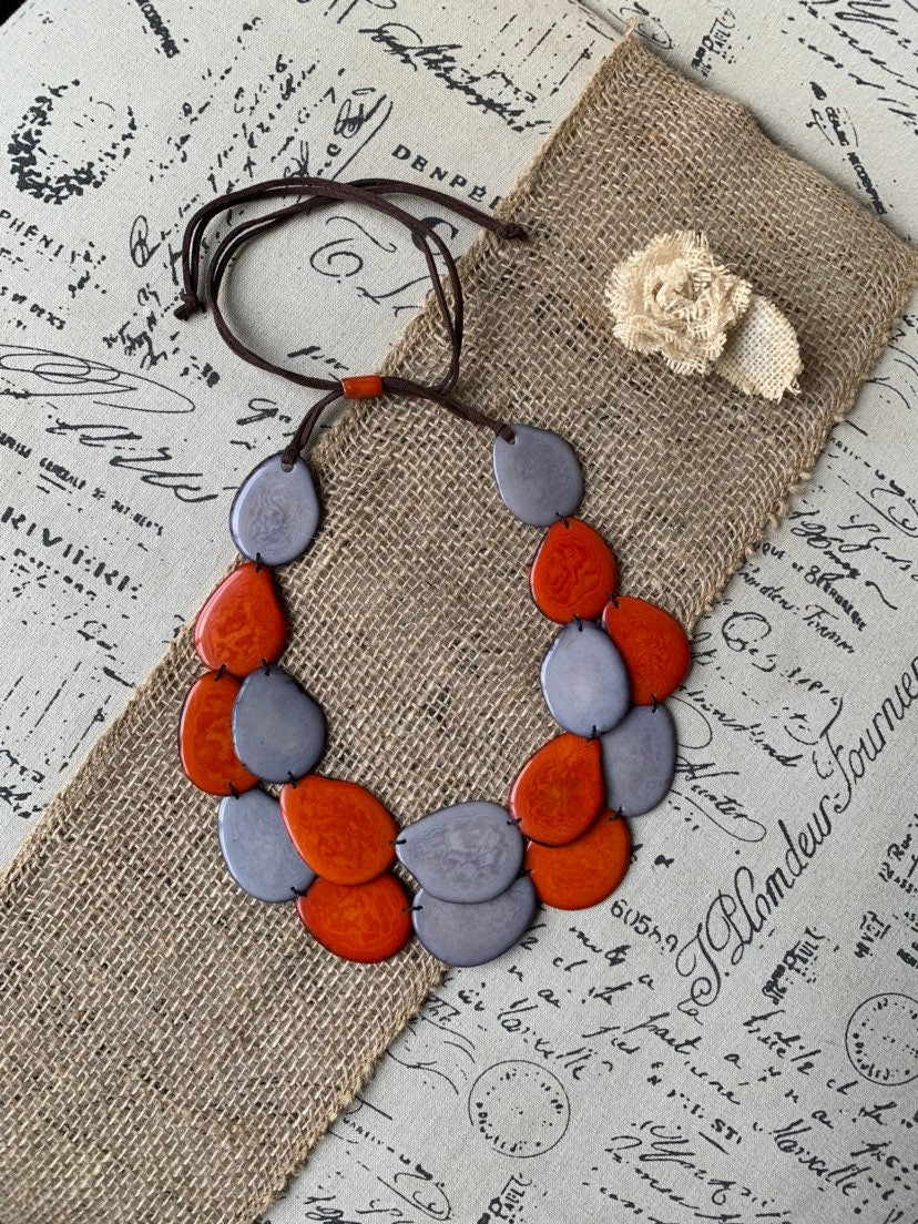 Burnt orange and gray beaded necklace Tagua jewelry Anniversary gifts Big bold chunky necklace Beach style Fall trendy fashion Organic