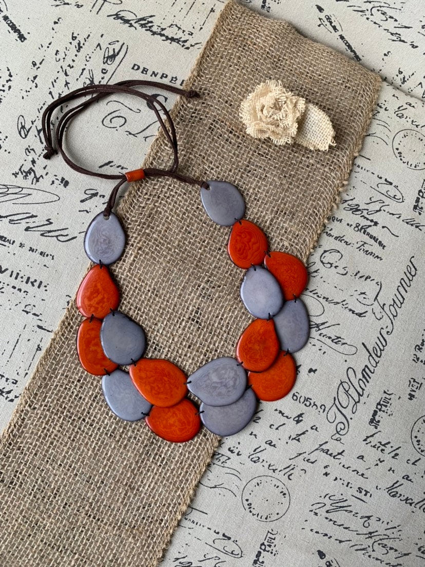 Burnt orange and gray beaded necklace Tagua jewelry Anniversary gifts Big bold chunky necklace Beach style Fall trendy fashion Organic
