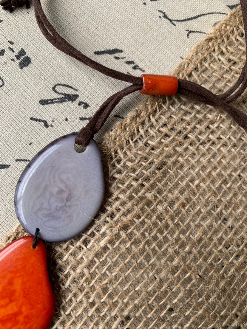 Burnt orange and gray beaded necklace Tagua jewelry Anniversary gifts Big bold chunky necklace Beach style Fall trendy fashion Organic