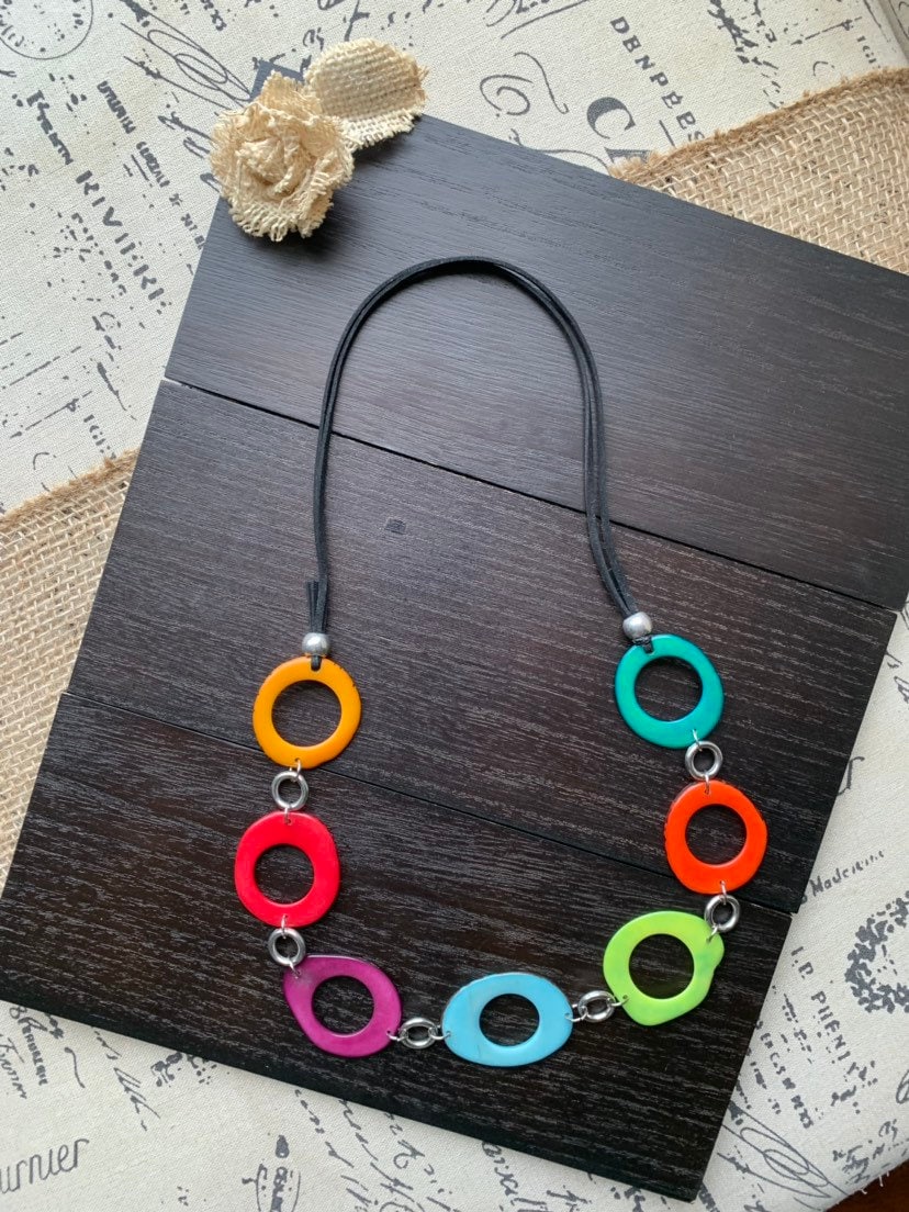 Rainbow Tagua necklace Lightweight Unusual jewelry Huge handmade bead Statement collar Beach fashion style Mother's day gifts for wife