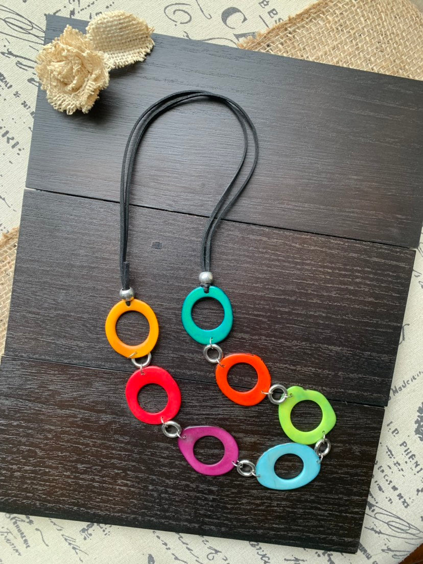 Rainbow Tagua necklace Lightweight Unusual jewelry Huge handmade bead Statement collar Beach fashion style Mother's day gifts for wife