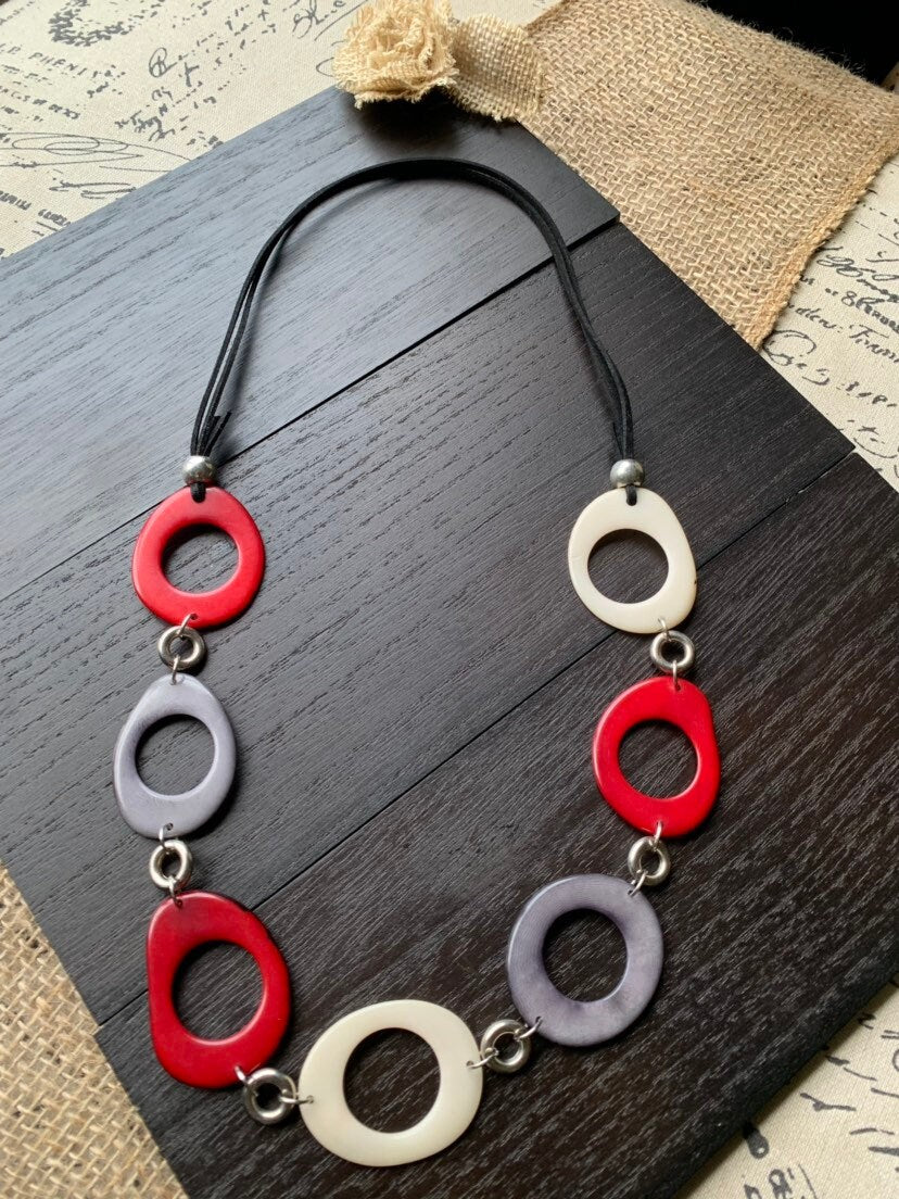 Tagua necklace Red white and gray statement necklace Holidays fashion trends Anniversary gifts for wife Handmade beaded Christmas gifts