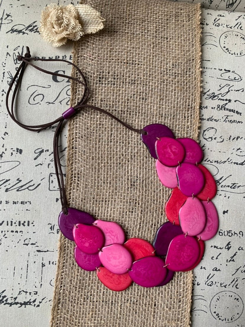 Tagua necklace Pink statement necklace Layered beaded necklace with leather strap Big bold chunky necklace Multi strand bib Holidays gifts