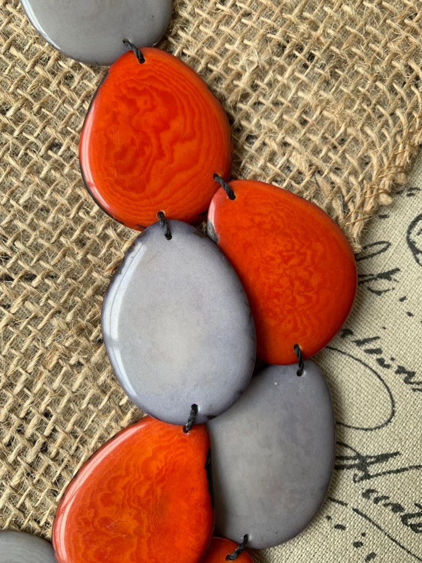 Burnt orange and gray beaded necklace Tagua jewelry Anniversary gifts Big bold chunky necklace Beach style Fall trendy fashion Organic