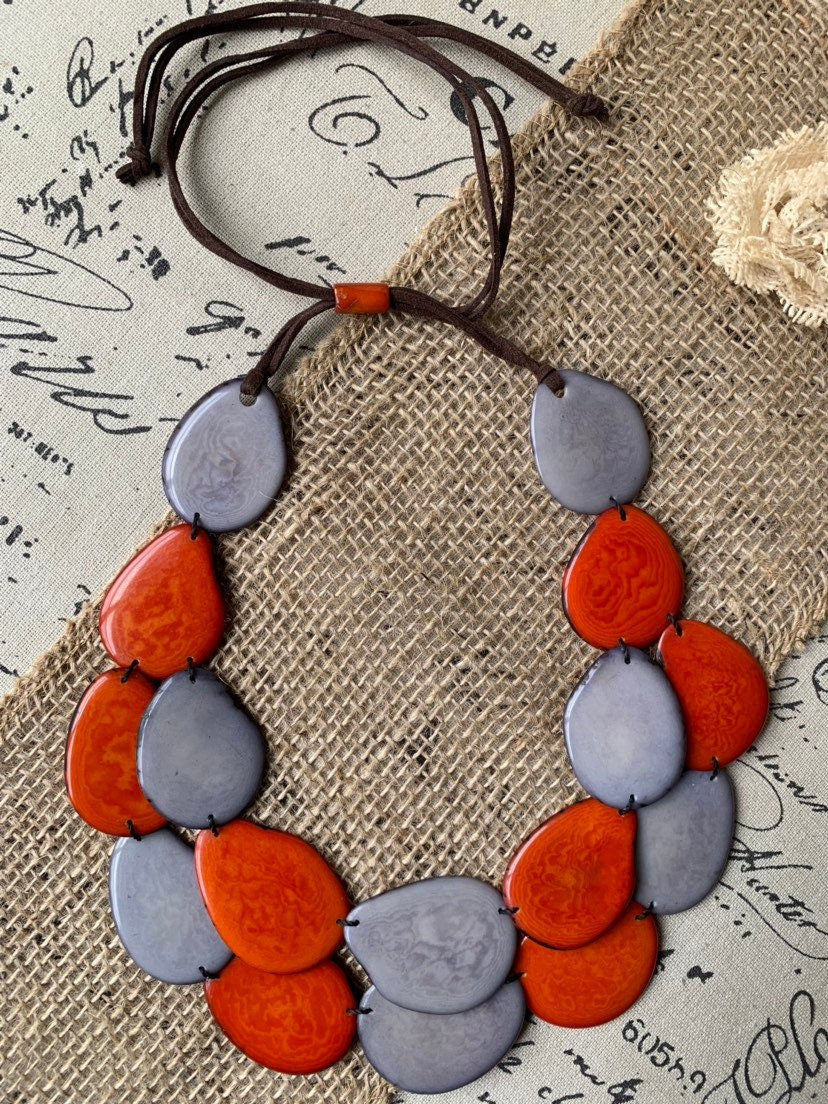 Burnt orange and gray beaded necklace Tagua jewelry Anniversary gifts Big bold chunky necklace Beach style Fall trendy fashion Organic
