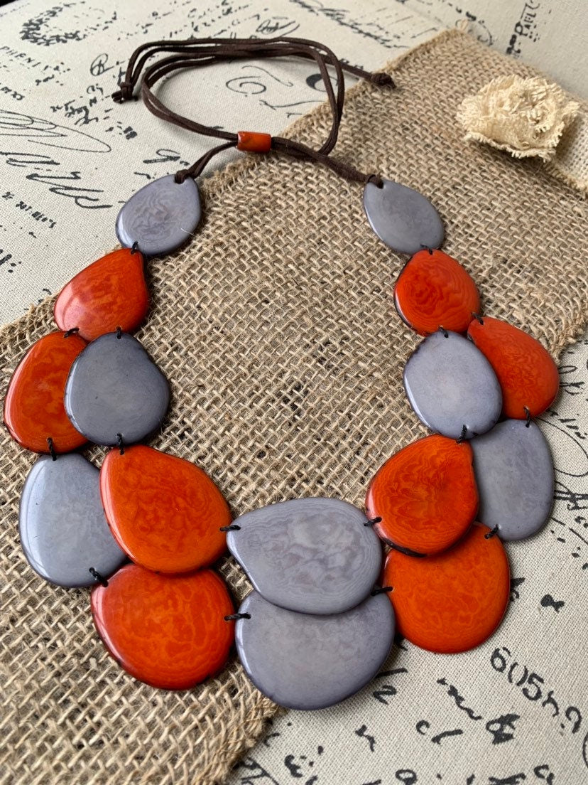 Burnt orange and gray beaded necklace Tagua jewelry Anniversary gifts Big bold chunky necklace Beach style Fall trendy fashion Organic