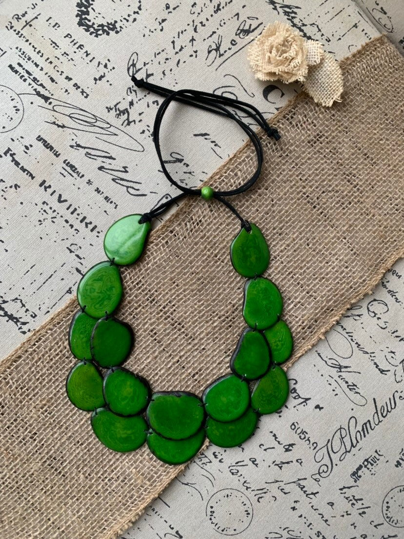 Green statement necklace Tagua nut jewelry Summer beach fashion Big bold chunky necklace Jewelry for bridesmaids Multi layer leather collar