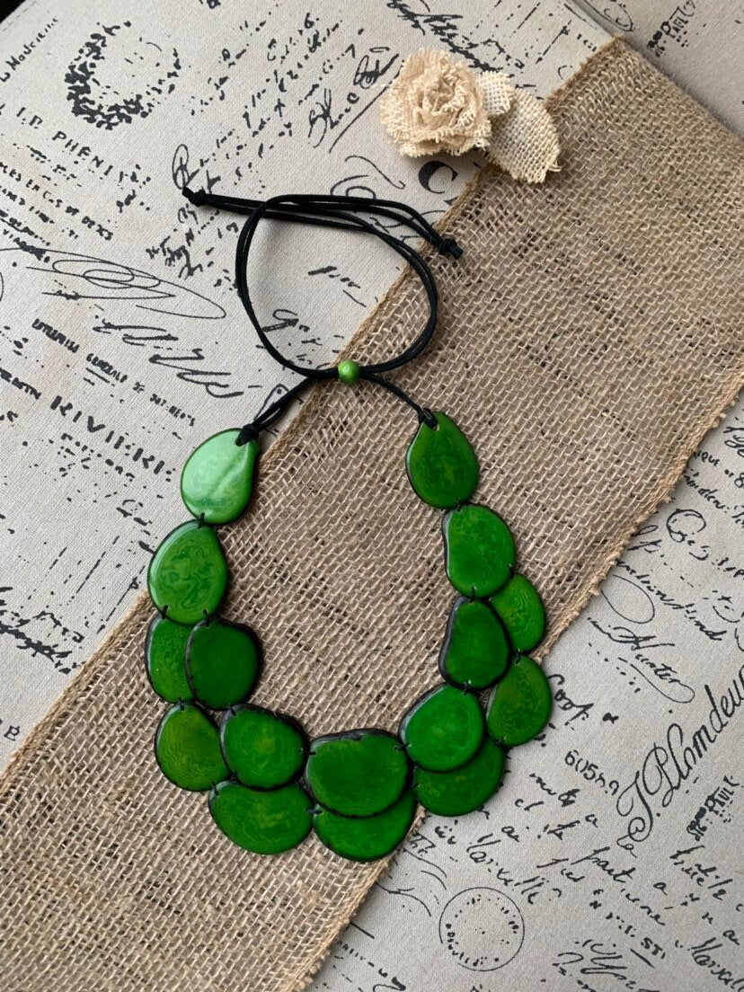 Green statement necklace Tagua nut jewelry Summer beach fashion Big bold chunky necklace Jewelry for bridesmaids Multi layer leather collar