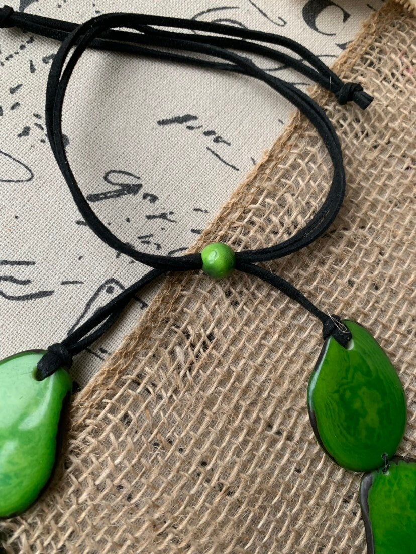 Green statement necklace Tagua nut jewelry Summer beach fashion Big bold chunky necklace Jewelry for bridesmaids Multi layer leather collar
