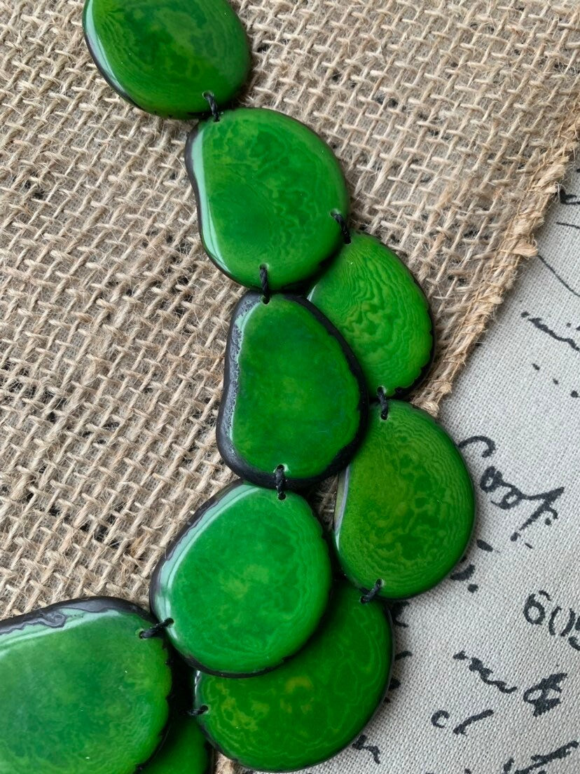 Green statement necklace Tagua nut jewelry Summer beach fashion Big bold chunky necklace Jewelry for bridesmaids Multi layer leather collar