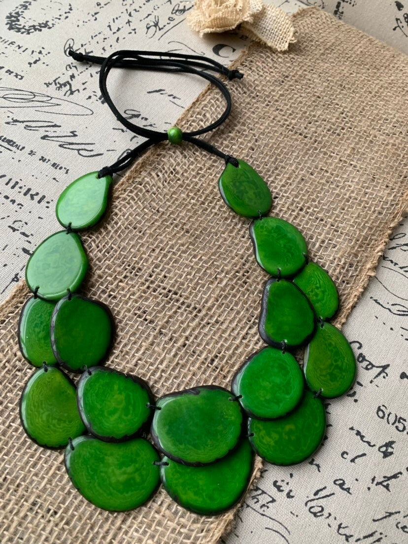 Green statement necklace Tagua nut jewelry Summer beach fashion Big bold chunky necklace Jewelry for bridesmaids Multi layer leather collar