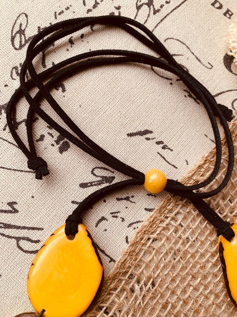 Yellow beaded necklace Tagua nut jewelry Long bib collar with adjustable leather straps Presents from Ecuador for Fall fashion trends