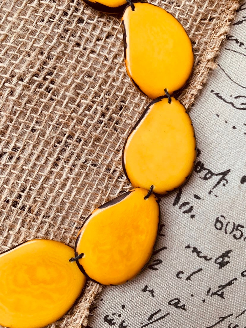 Yellow beaded necklace Tagua nut jewelry Long bib collar with adjustable leather straps Presents from Ecuador for Fall fashion trends